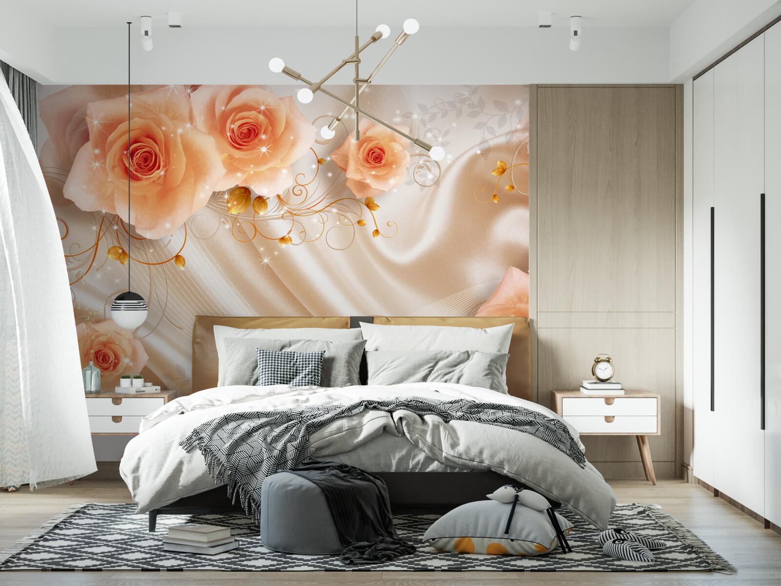 Фотошпалери помаранчеві троянди на шовковому атласі