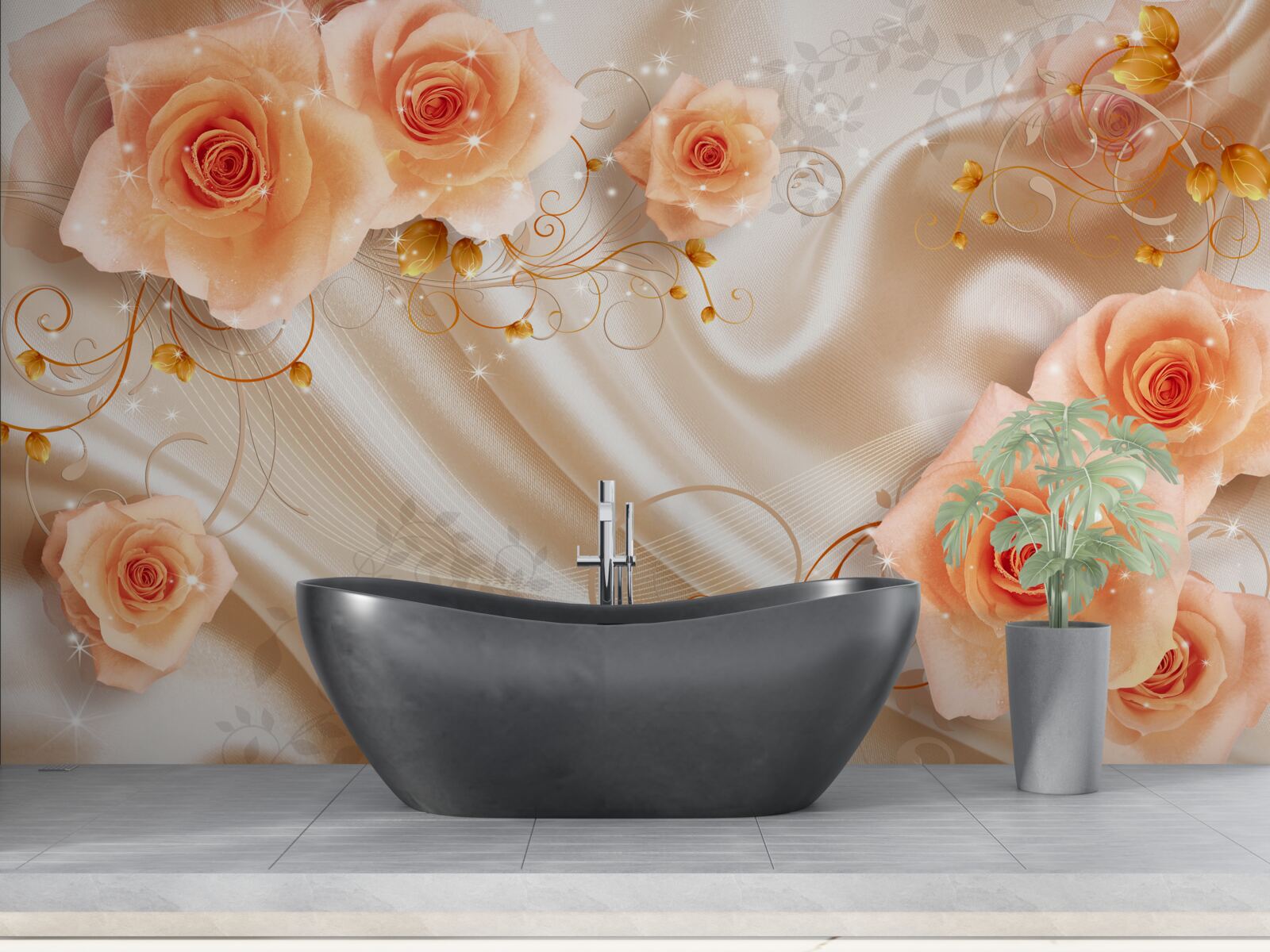 Фотошпалери помаранчеві троянди на шовковому атласі