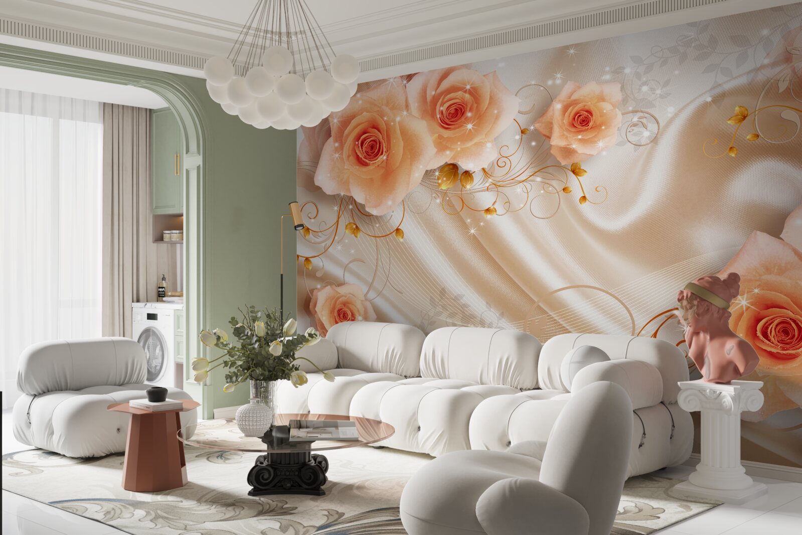 Фотошпалери помаранчеві троянди на шовковому атласі