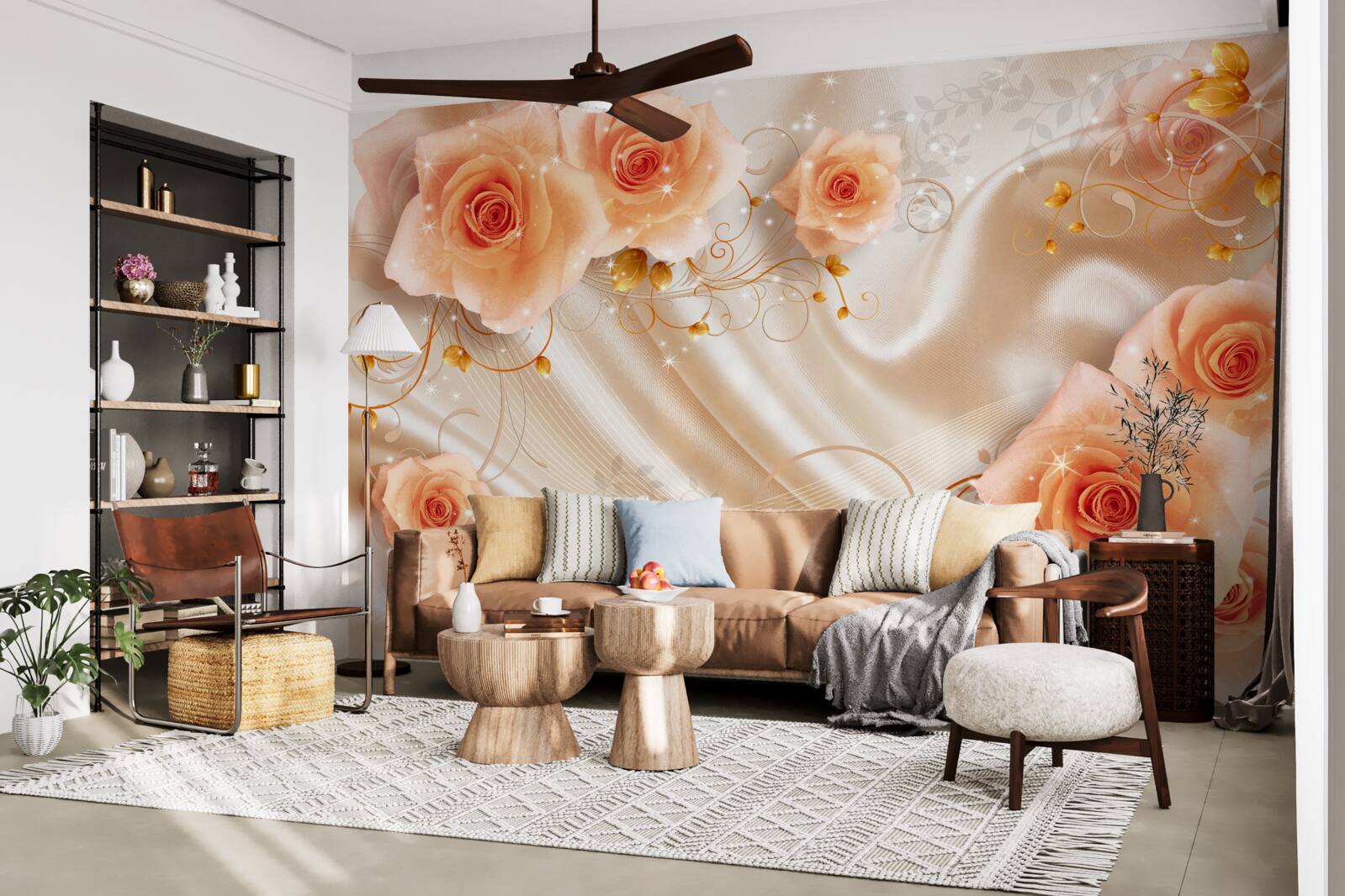 Фотошпалери помаранчеві троянди на шовковому атласі