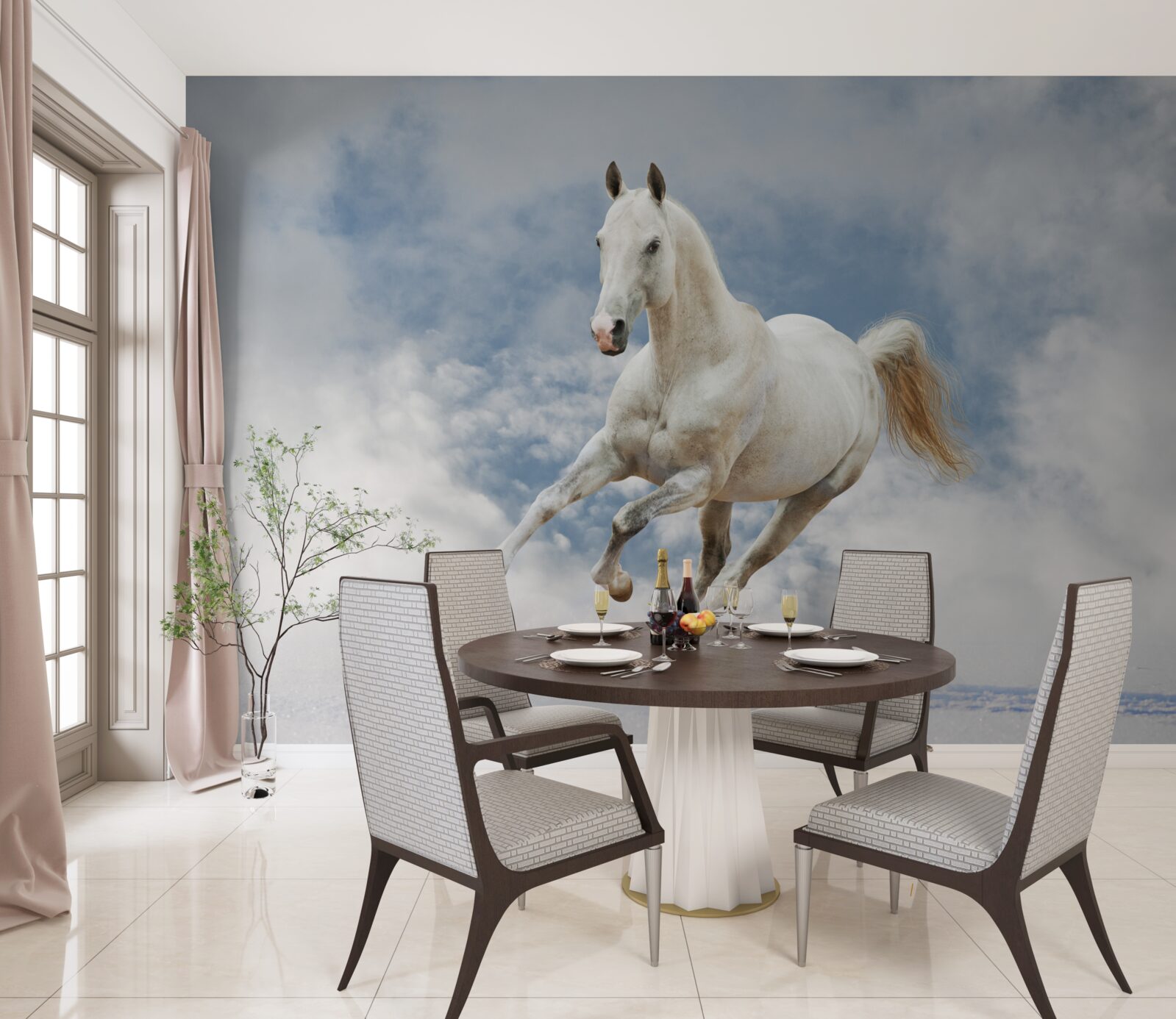 Фотошпалери скаче білий кінь