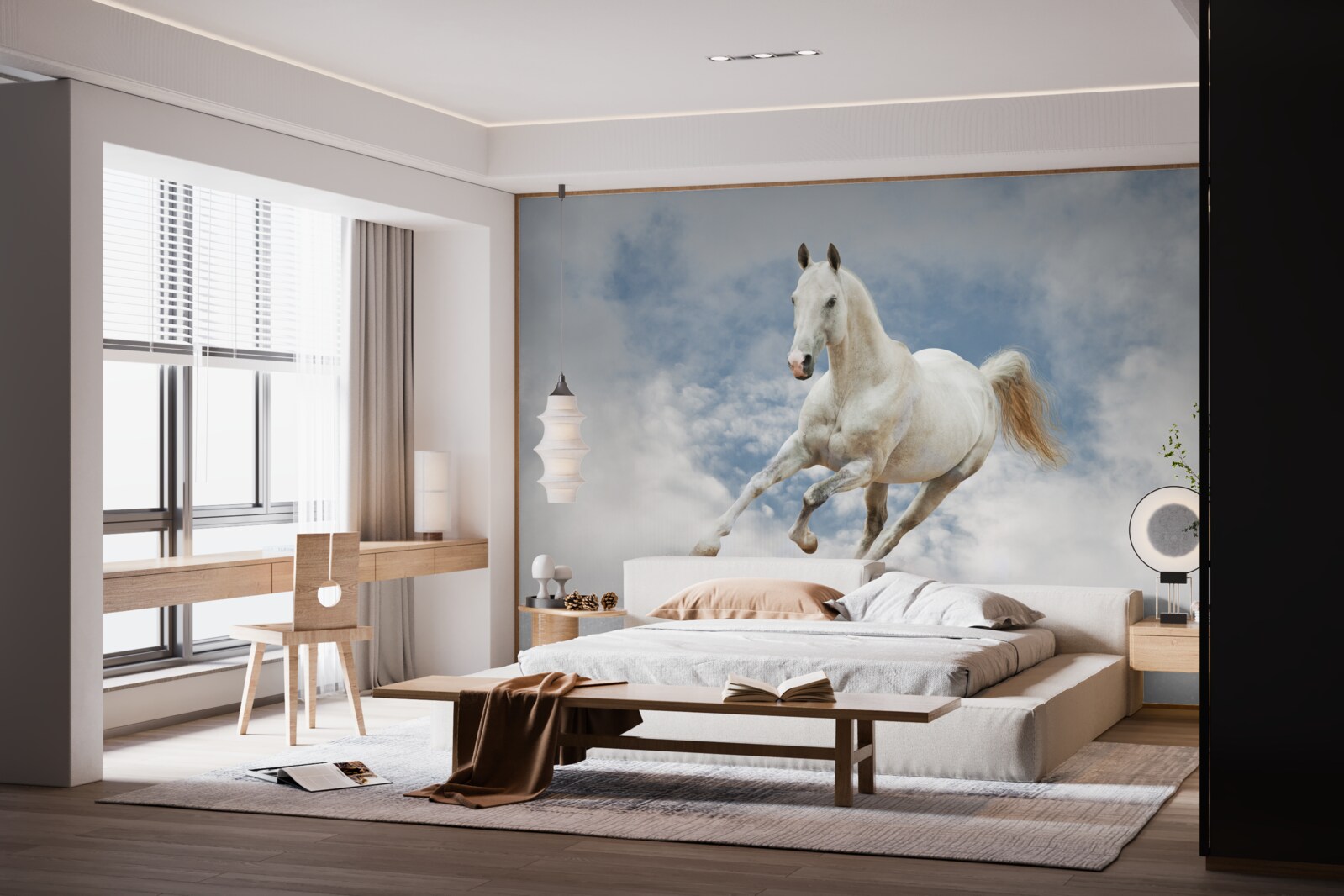 Фотошпалери скаче білий кінь