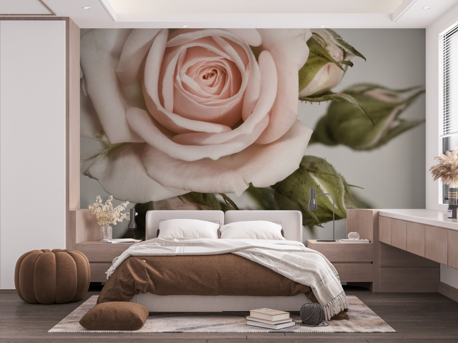 Фотошпалери троянда у відтінку пудрово-рожевого та її квіткові бутони