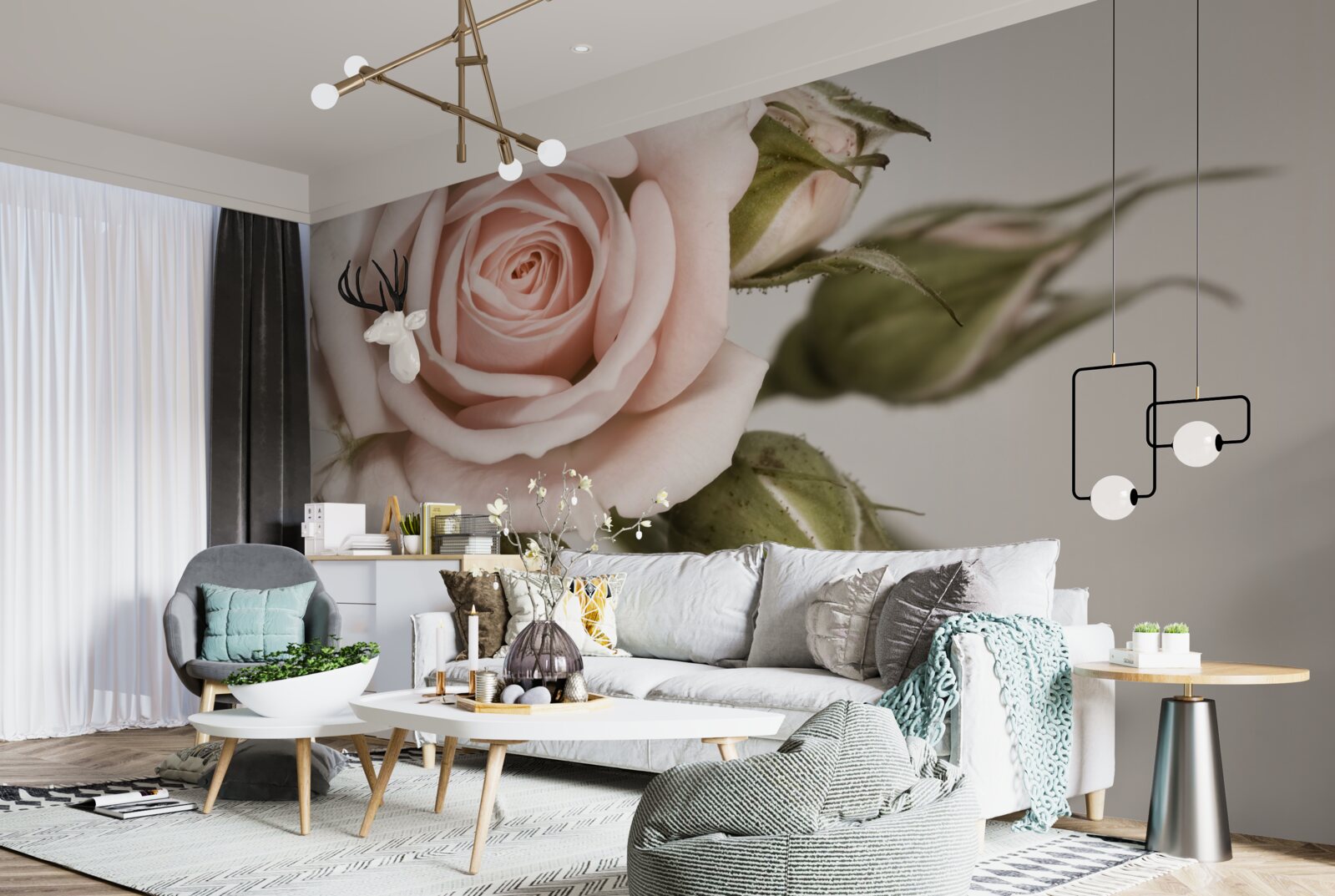 Фотошпалери троянда у відтінку пудрово-рожевого та її квіткові бутони