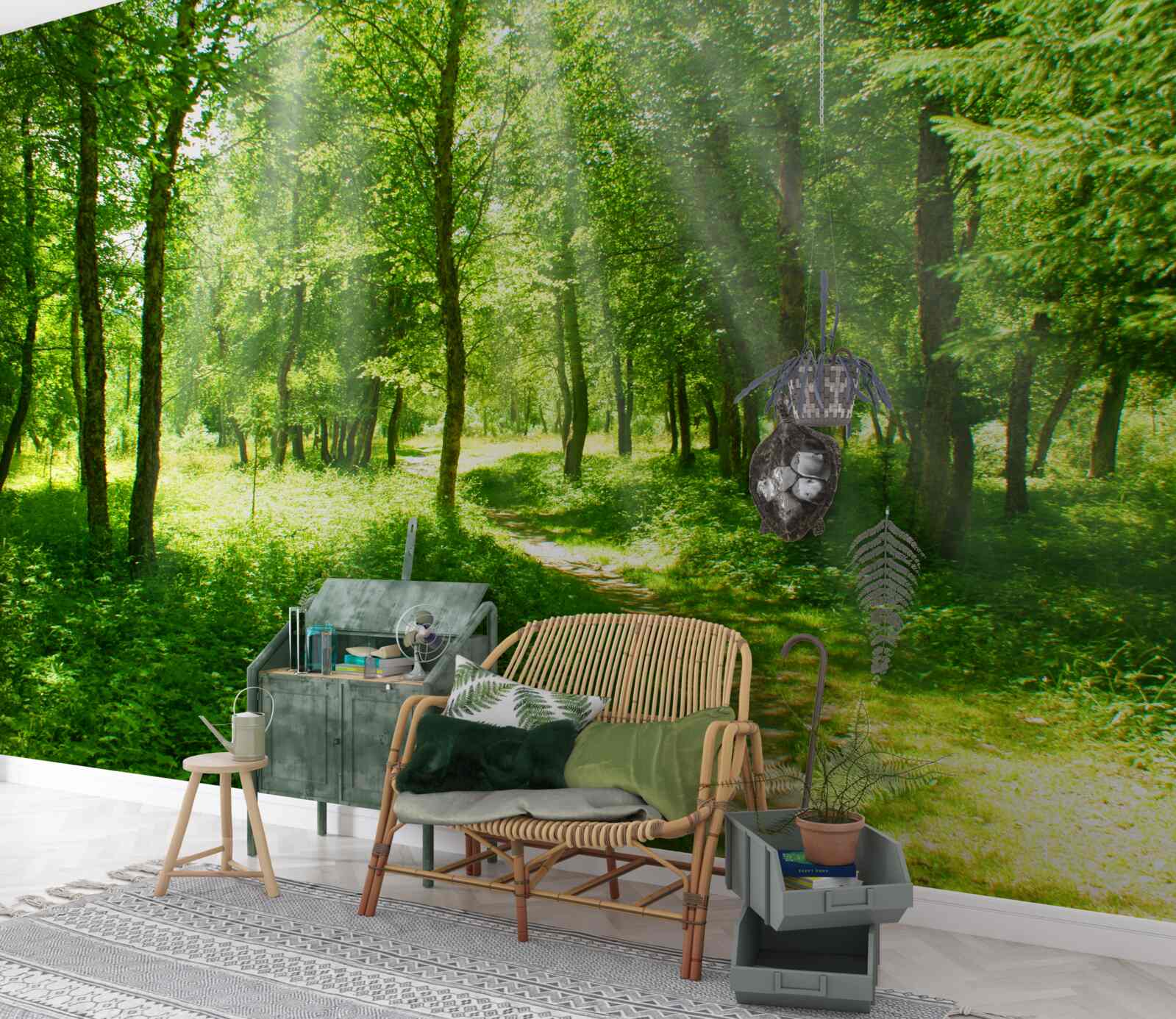 Фотошпалери сонячні промені яскраво світять крізь крони лісових дерев