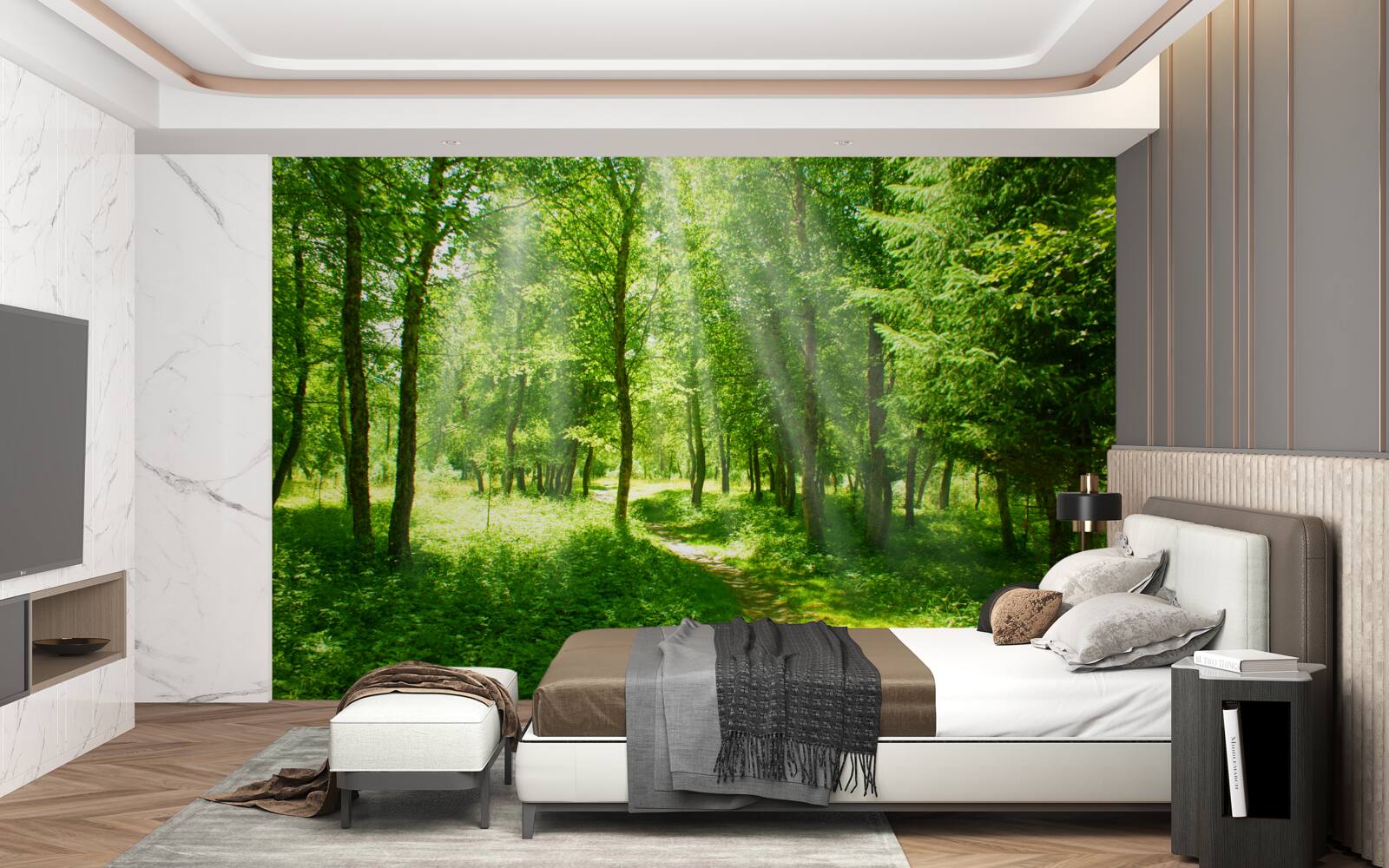 Фотошпалери сонячні промені яскраво світять крізь крони лісових дерев