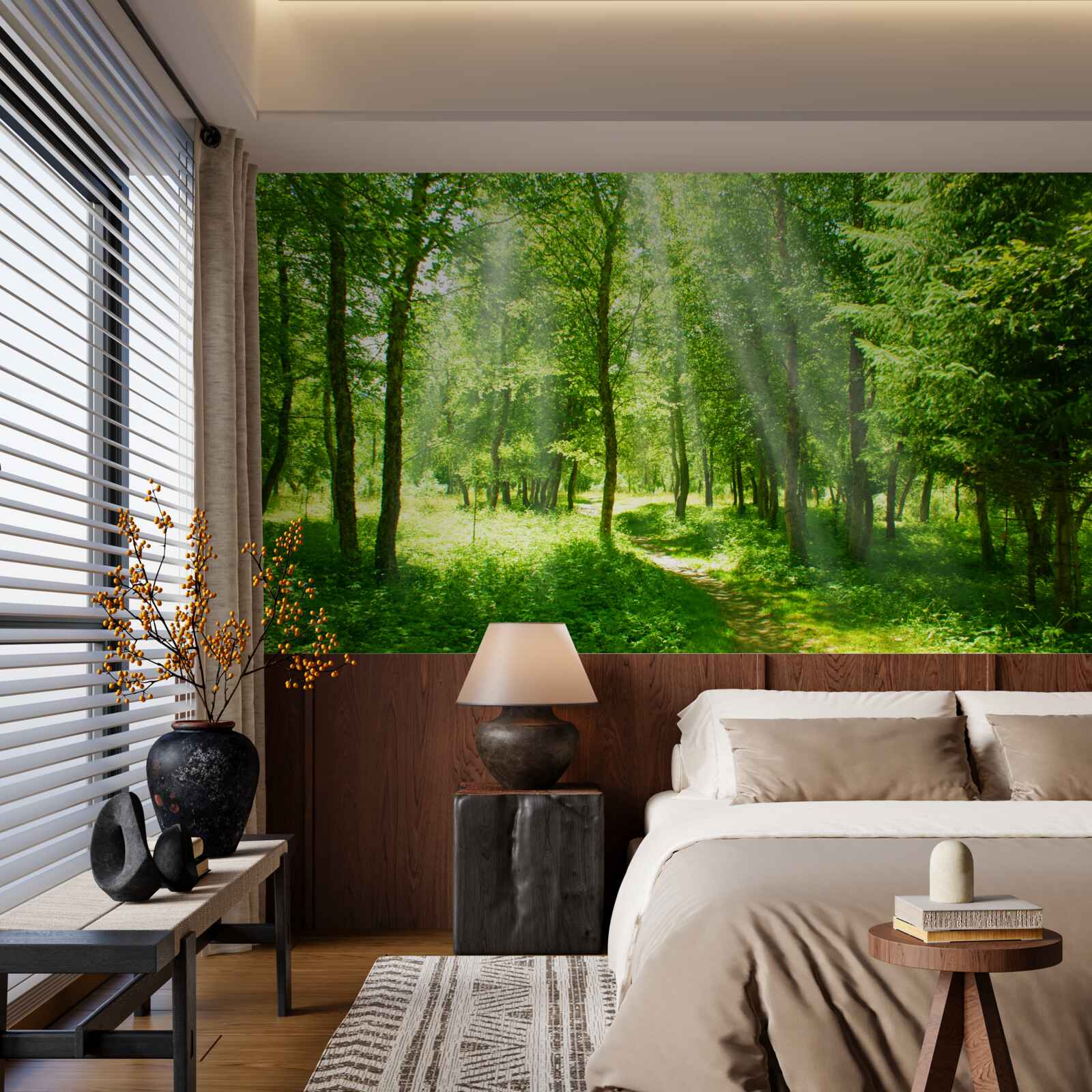 Фотошпалери сонячні промені яскраво світять крізь крони лісових дерев