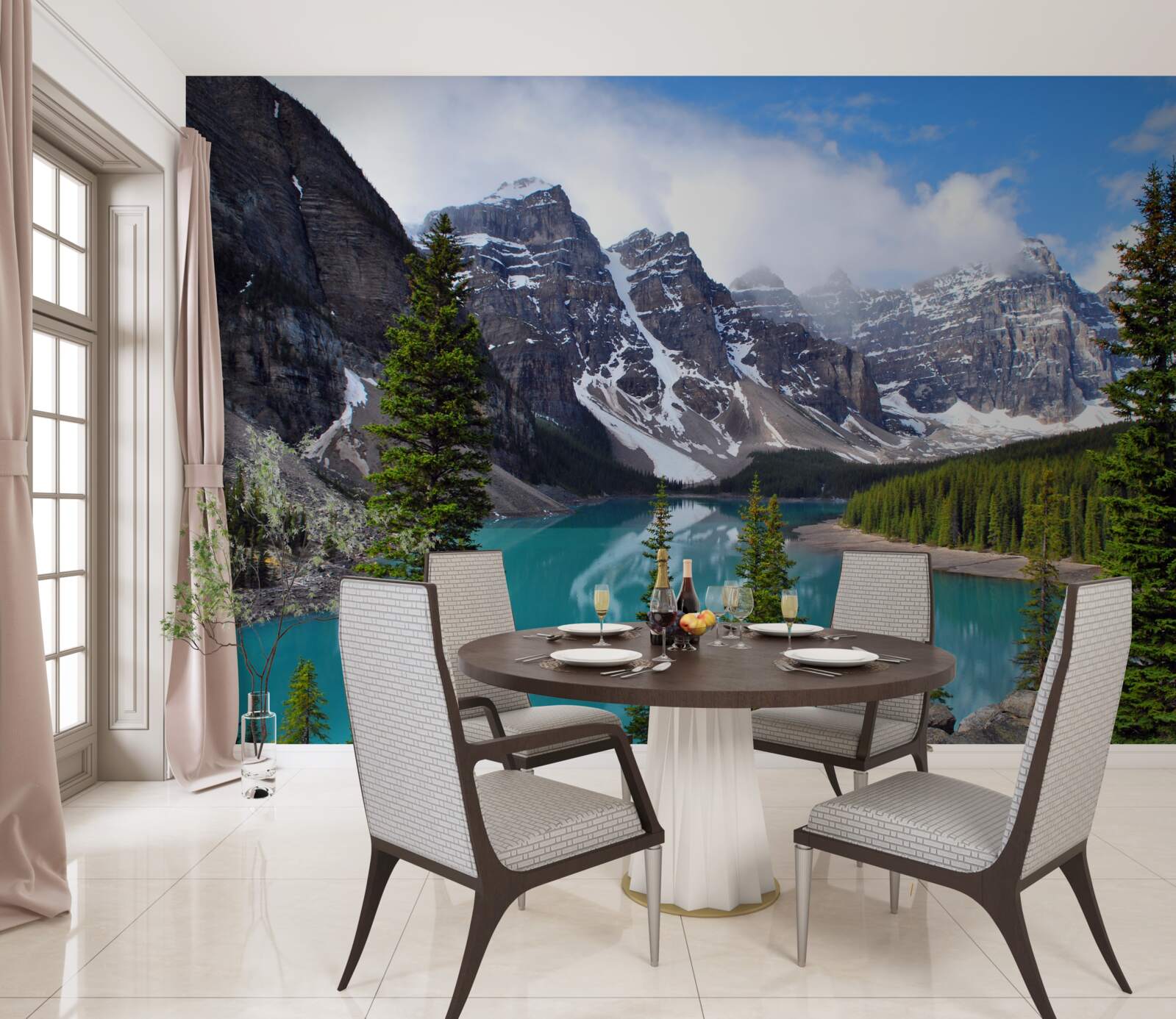 Фотошпалери озеро з блакитною водою біля підніжжя гірських вершин