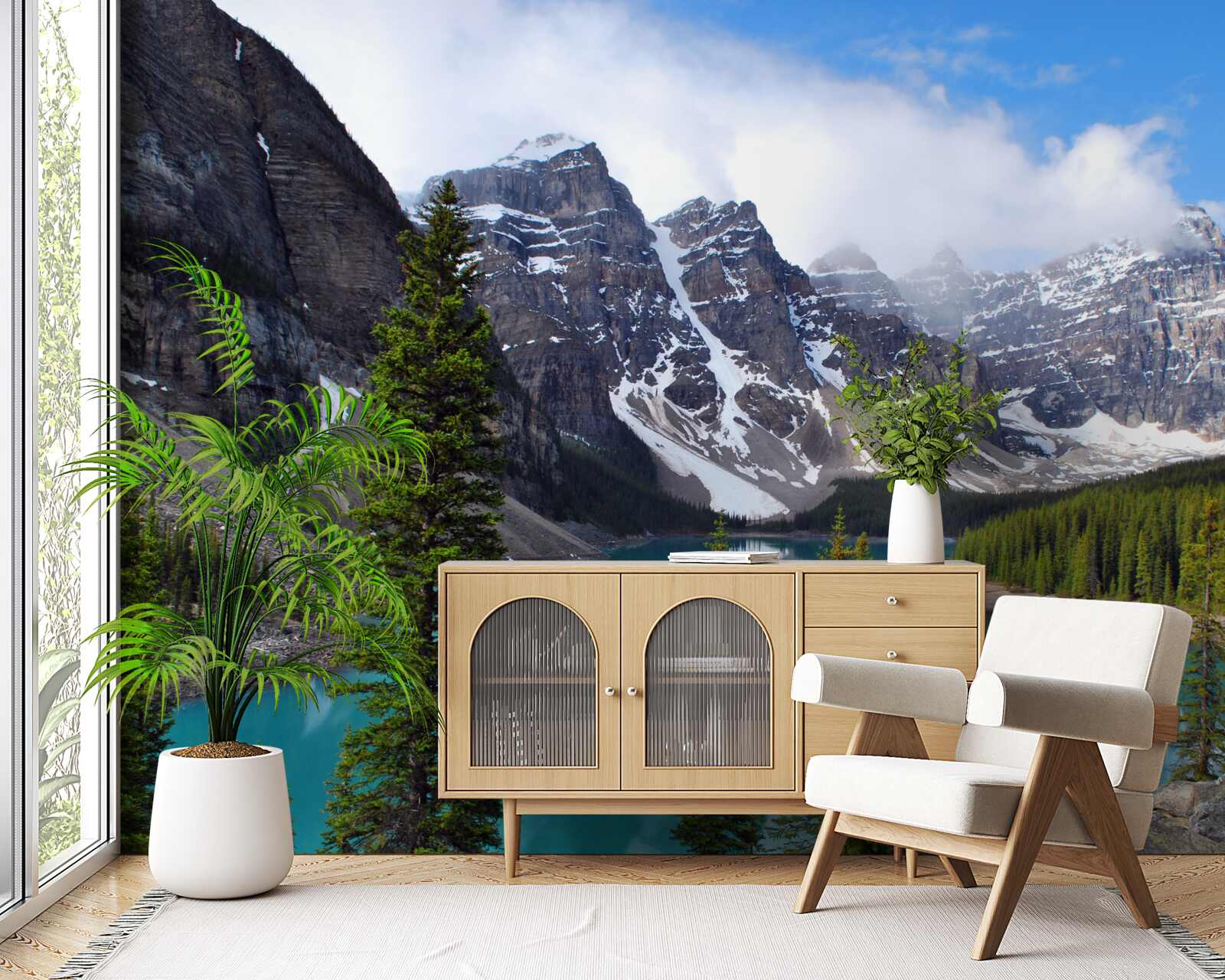 Фотошпалери озеро з блакитною водою біля підніжжя гірських вершин