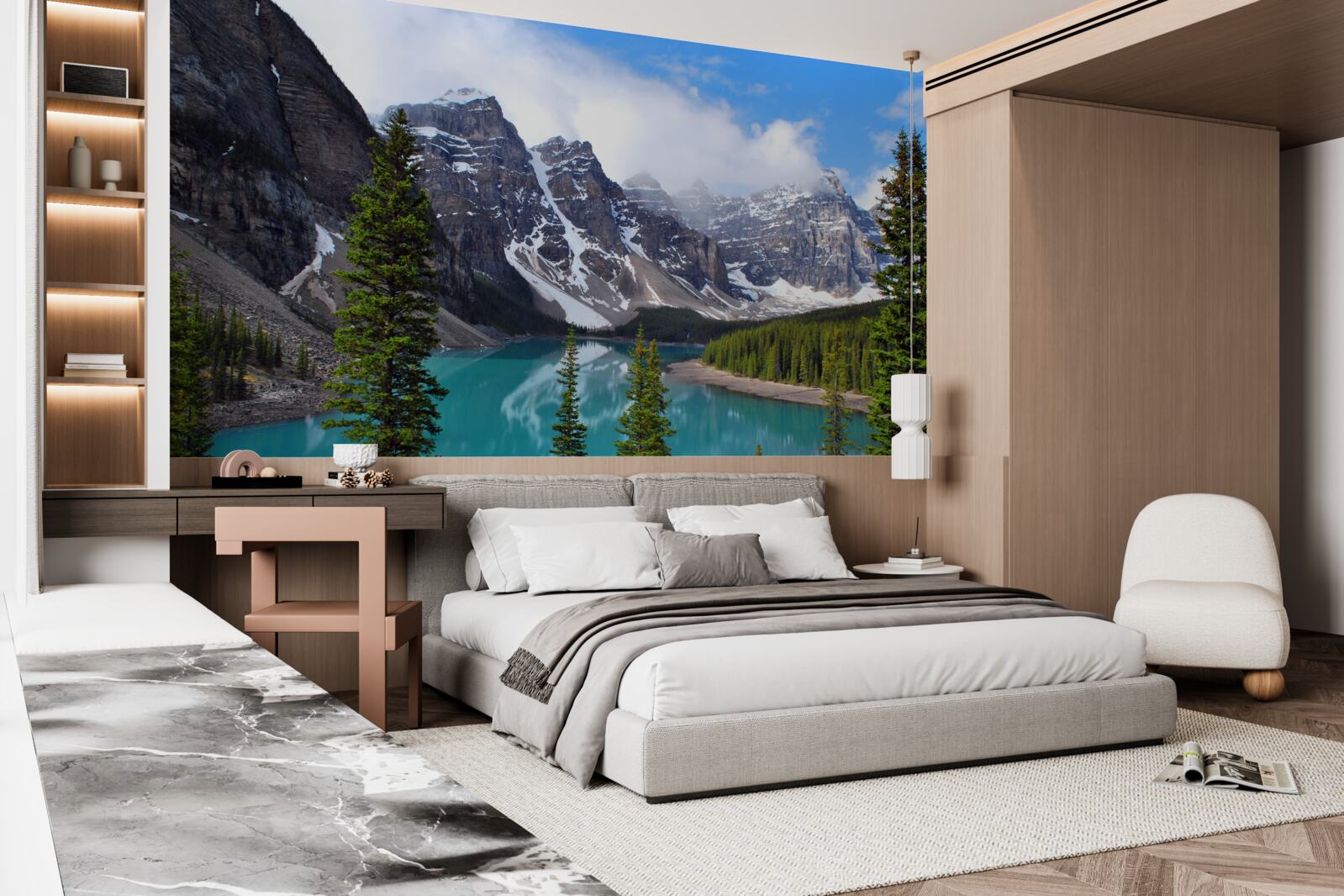 Фотошпалери озеро з блакитною водою біля підніжжя гірських вершин