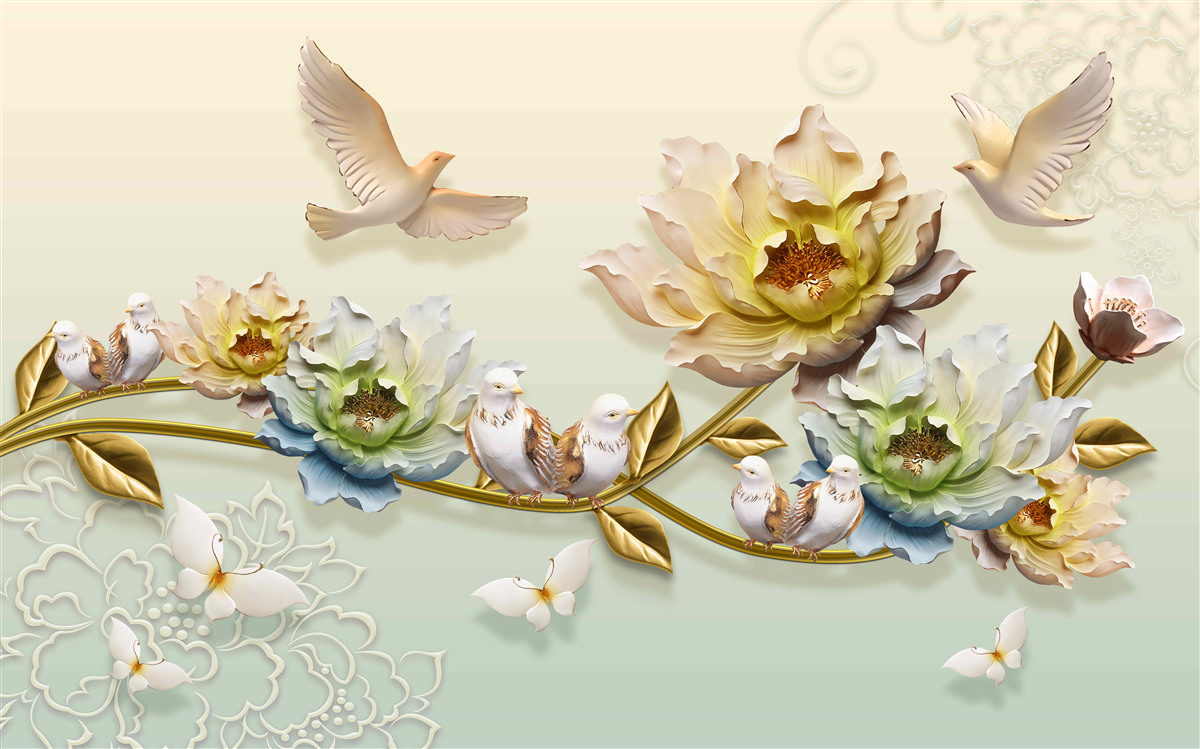 Фотошпалери гілка, прикрашена квітами, на ній голуби