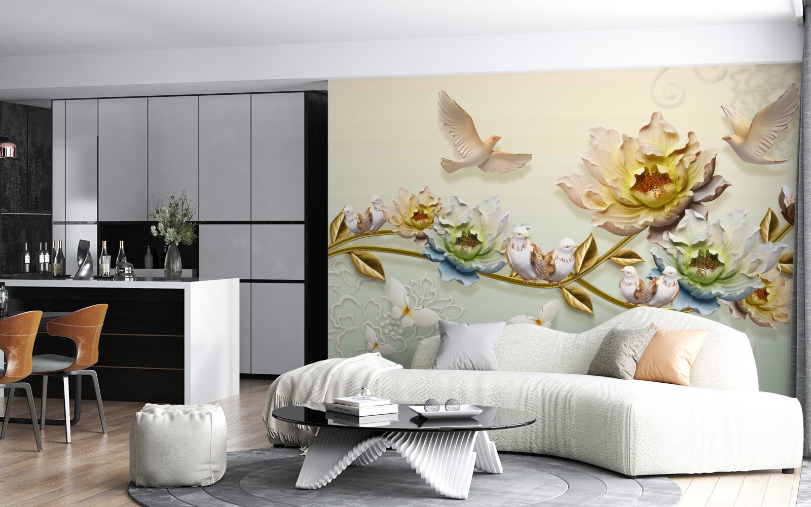 Фотошпалери гілка, прикрашена квітами, на ній голуби