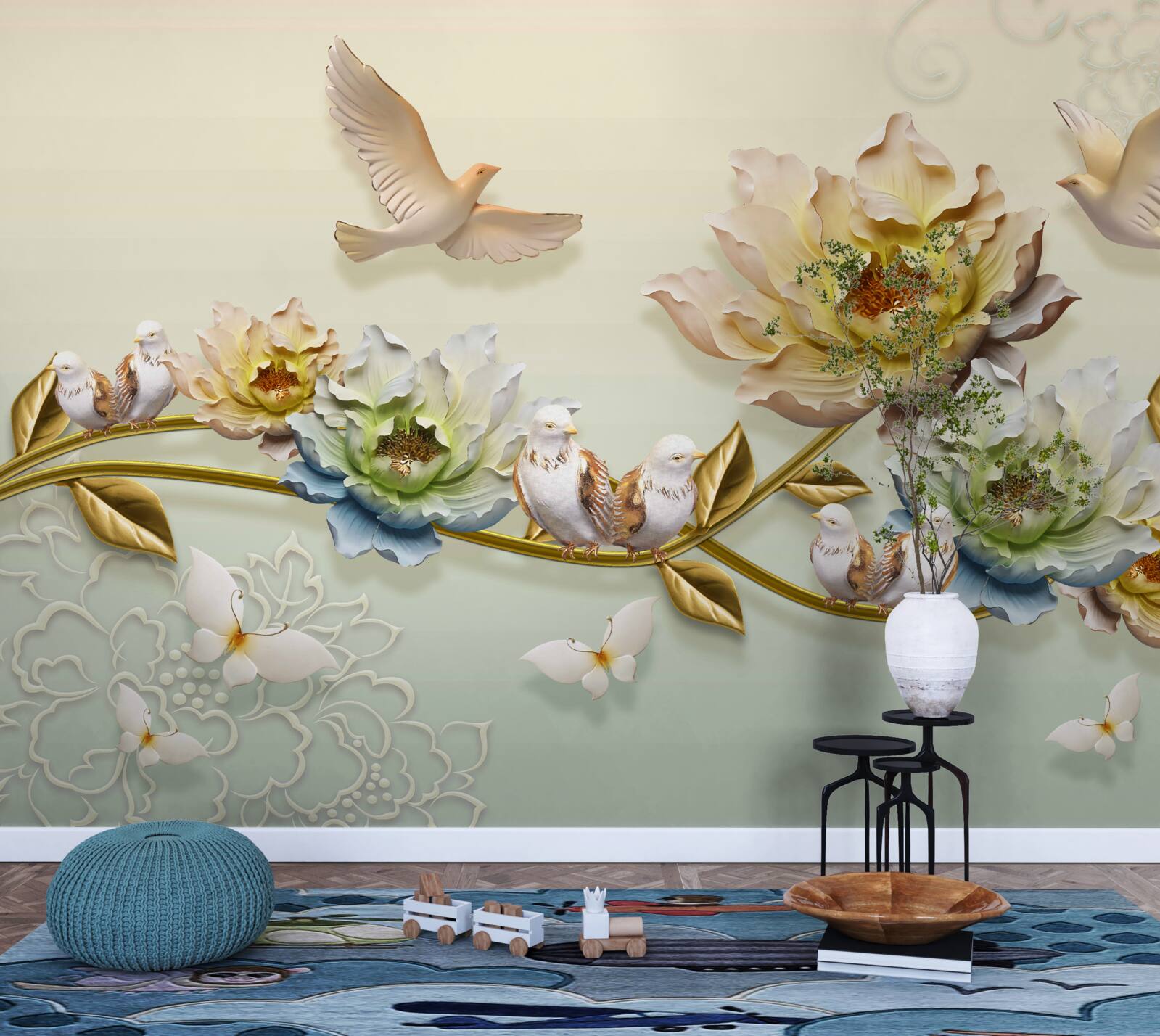 Фотошпалери гілка, прикрашена квітами, на ній голуби