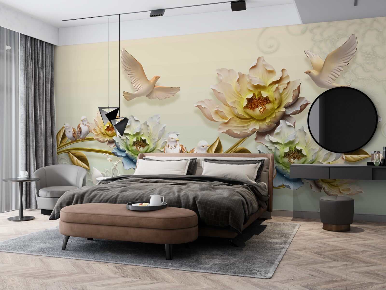 Фотошпалери гілка, прикрашена квітами, на ній голуби