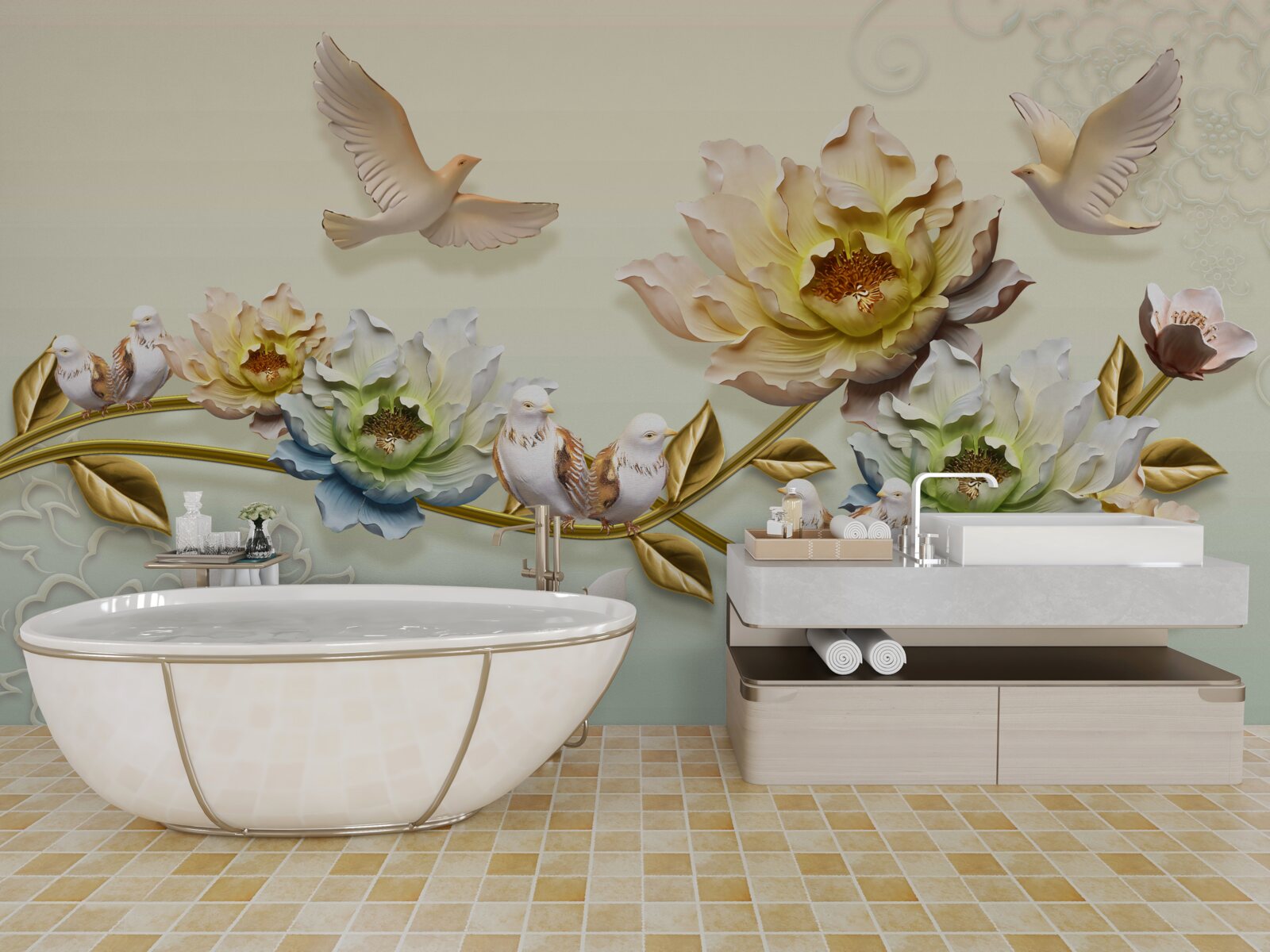 Фотошпалери гілка, прикрашена квітами, на ній голуби