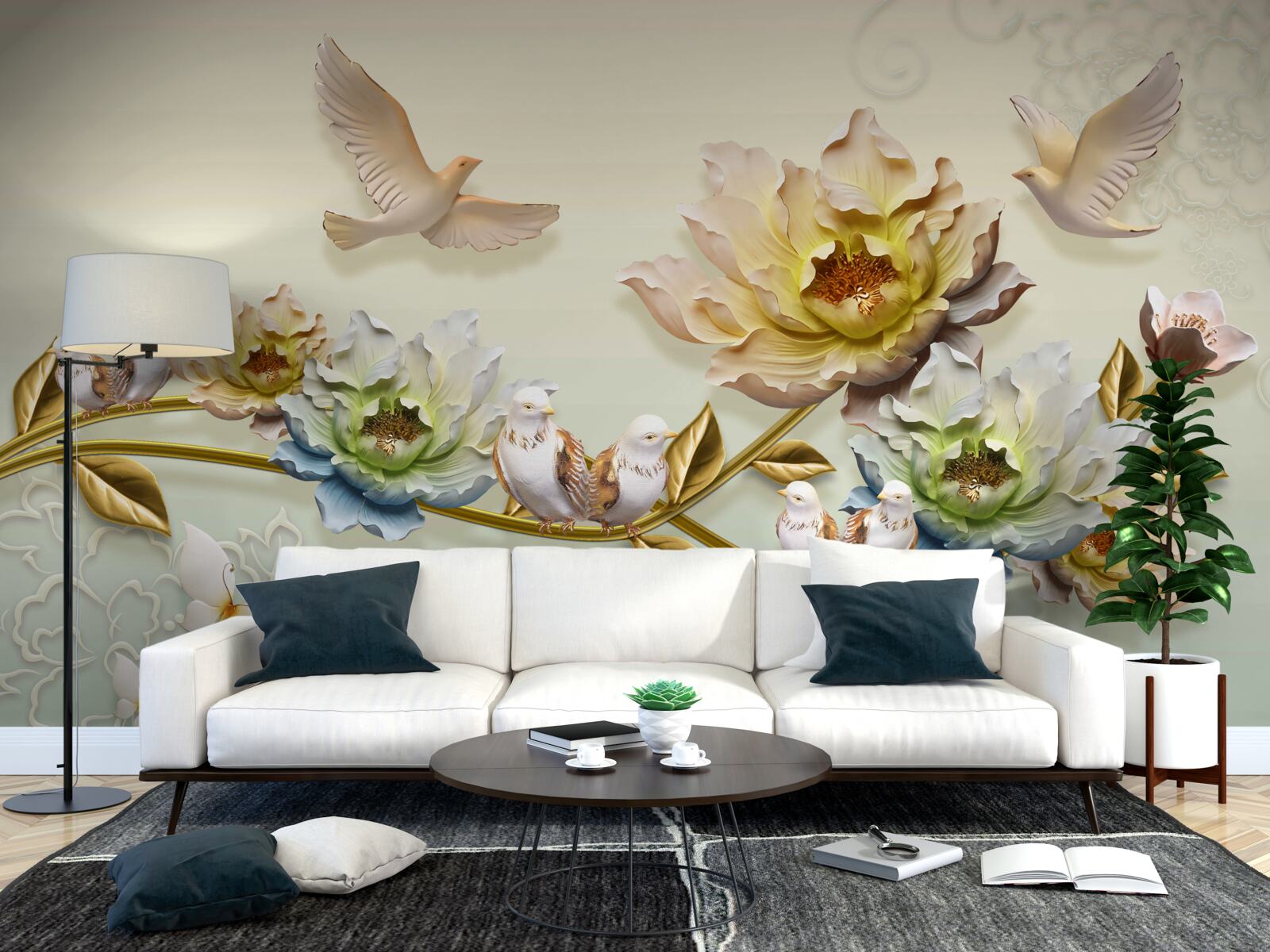 Фотошпалери гілка, прикрашена квітами, на ній голуби