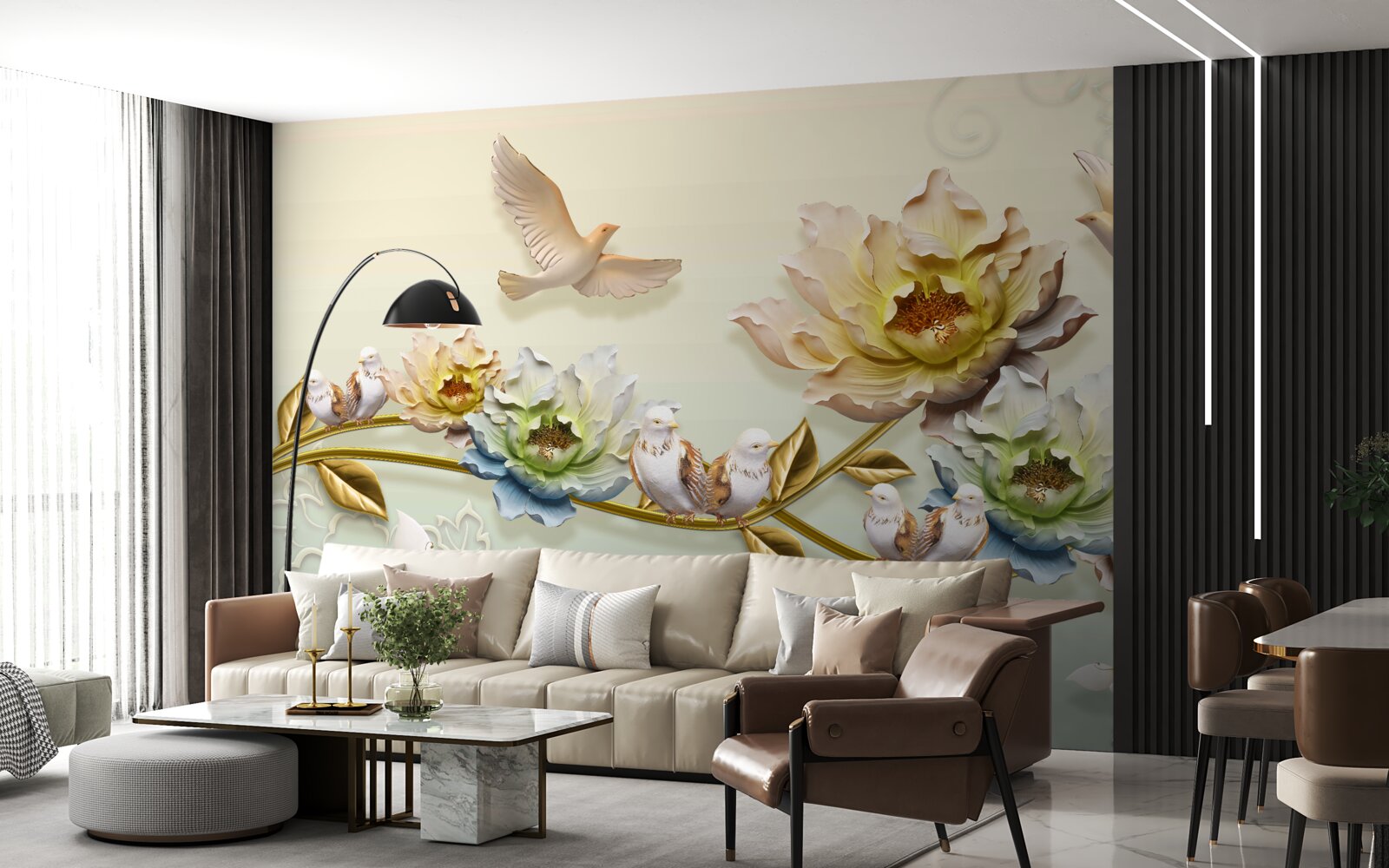 Фотошпалери гілка, прикрашена квітами, на ній голуби