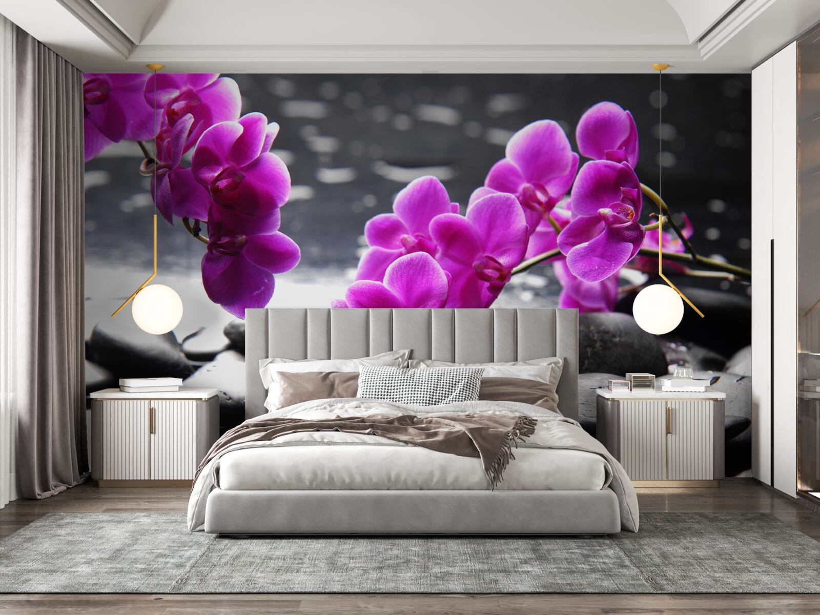 Фотошпалери орхідея бузкового відтінку, встановлена на чорних матових каменях