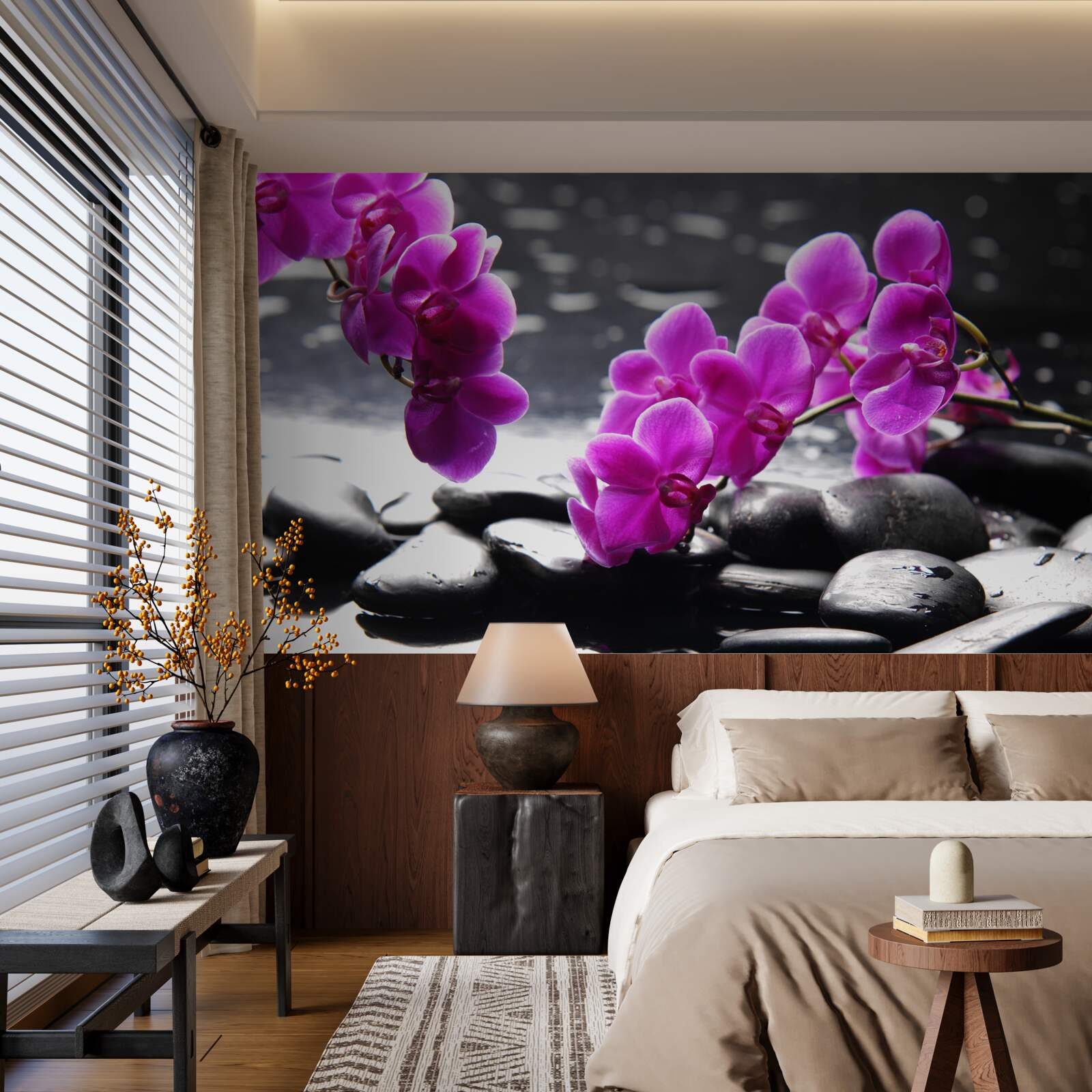 Фотошпалери орхідея бузкового відтінку, встановлена на чорних матових каменях