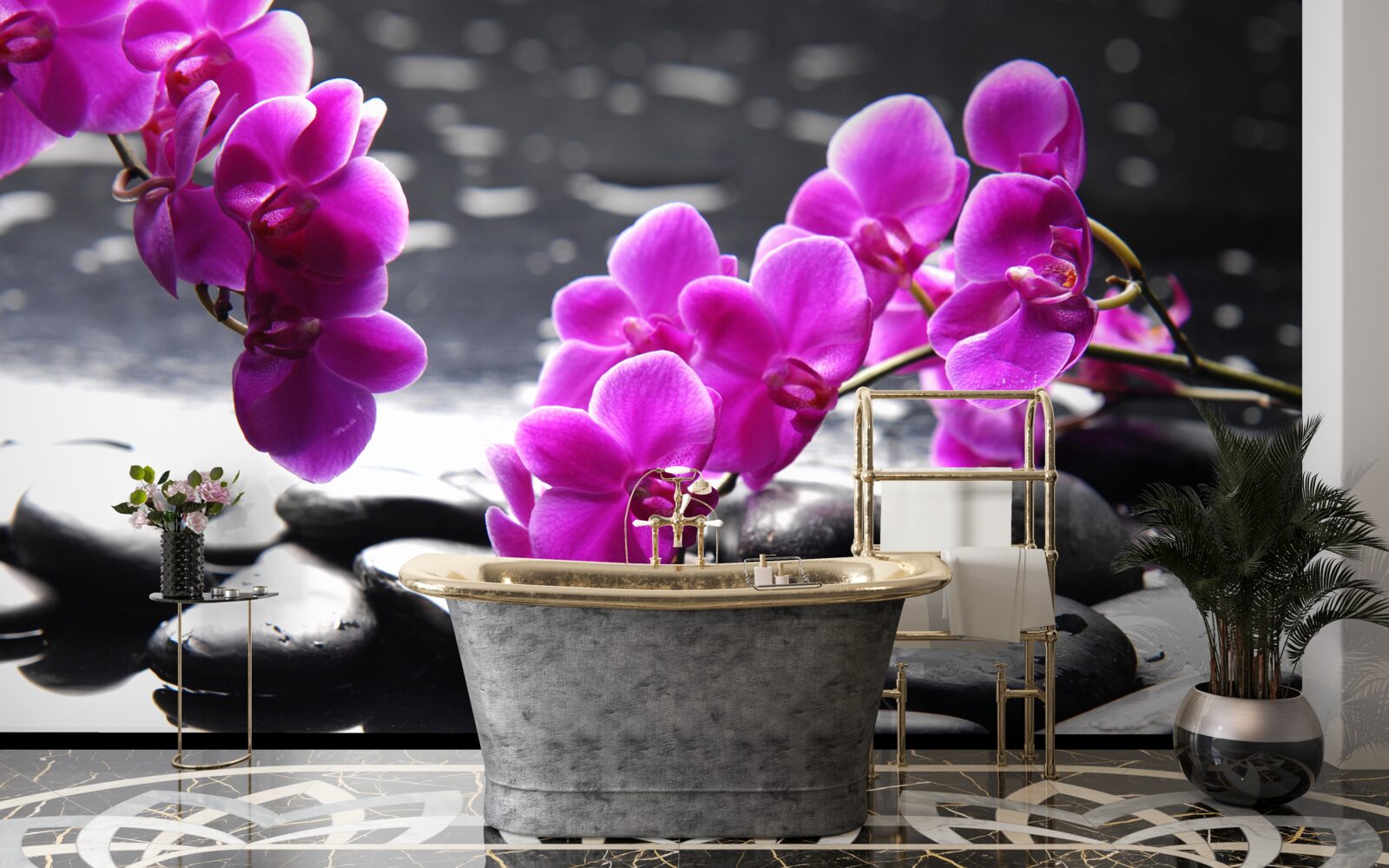 Фотошпалери орхідея бузкового відтінку, встановлена на чорних матових каменях