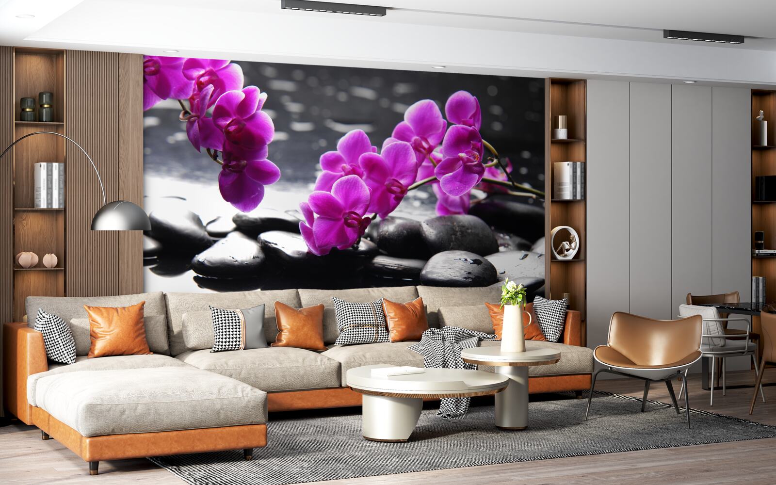 Фотошпалери орхідея бузкового відтінку, встановлена на чорних матових каменях