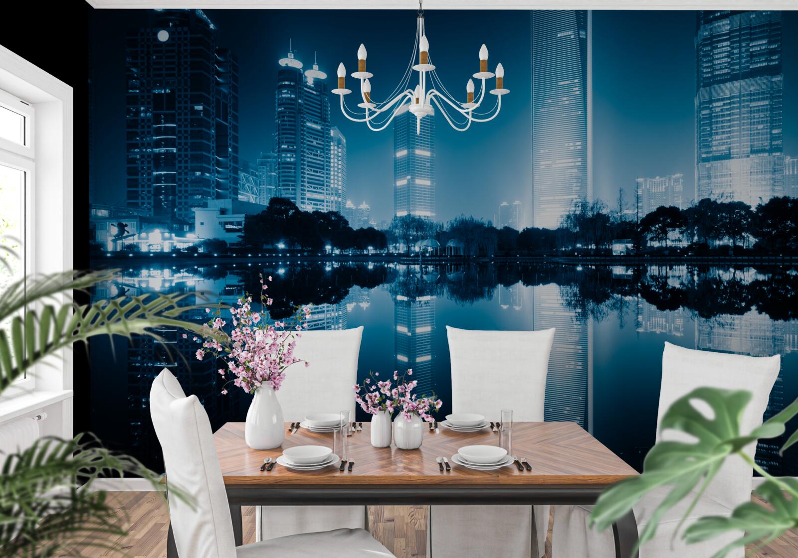 Фотошпалери відображення міських ліхтарів у нічний час