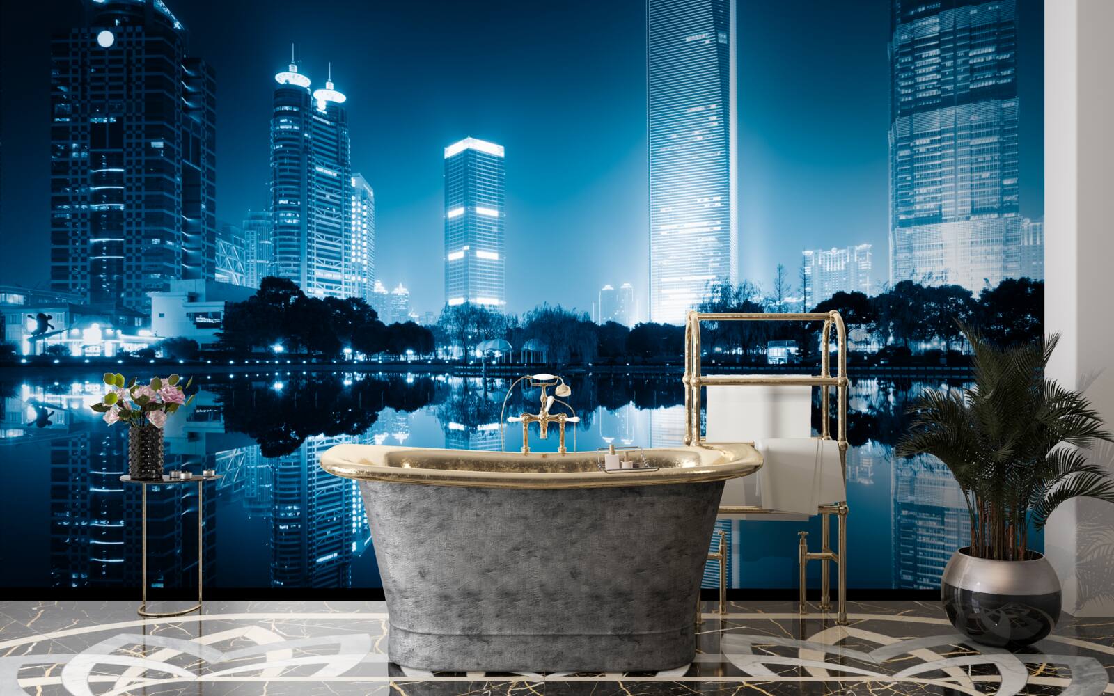 Фотошпалери відображення міських ліхтарів у нічний час