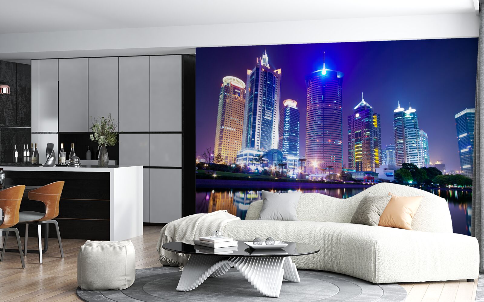 Фотошпалери відображення хмарочосів вночі