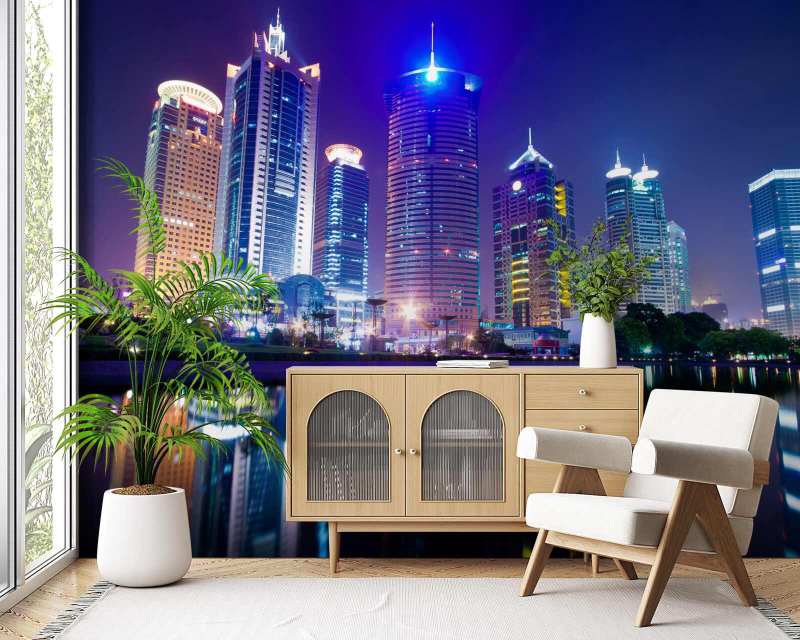 Фотошпалери відображення хмарочосів вночі