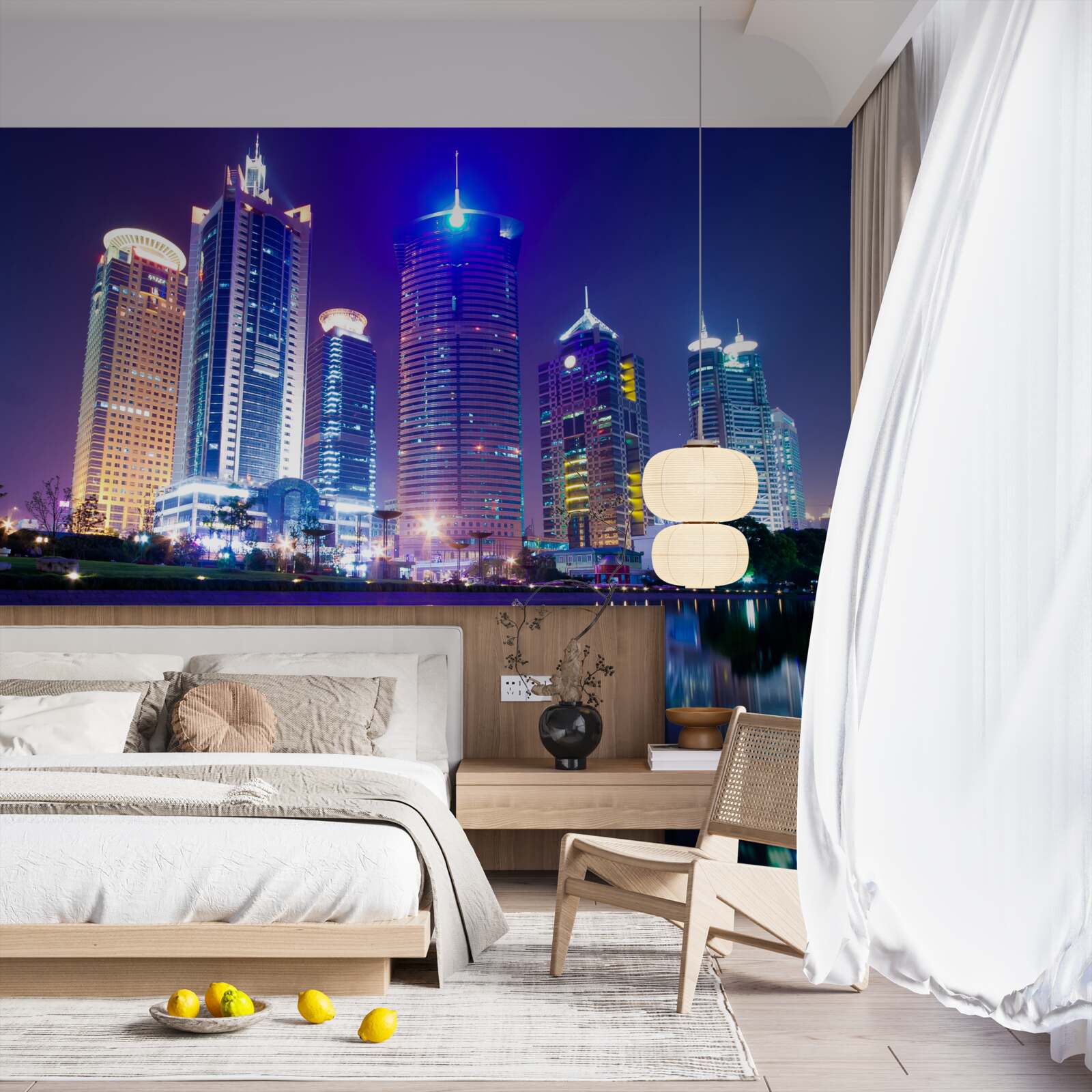 Фотошпалери відображення хмарочосів вночі