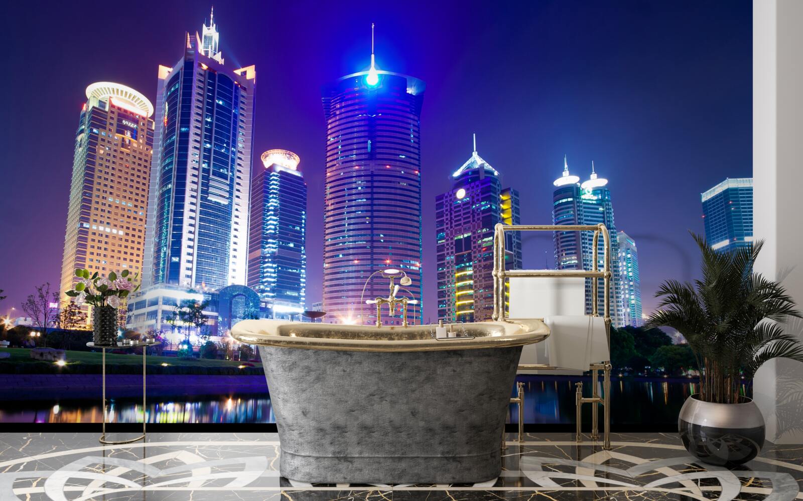 Фотошпалери відображення хмарочосів вночі