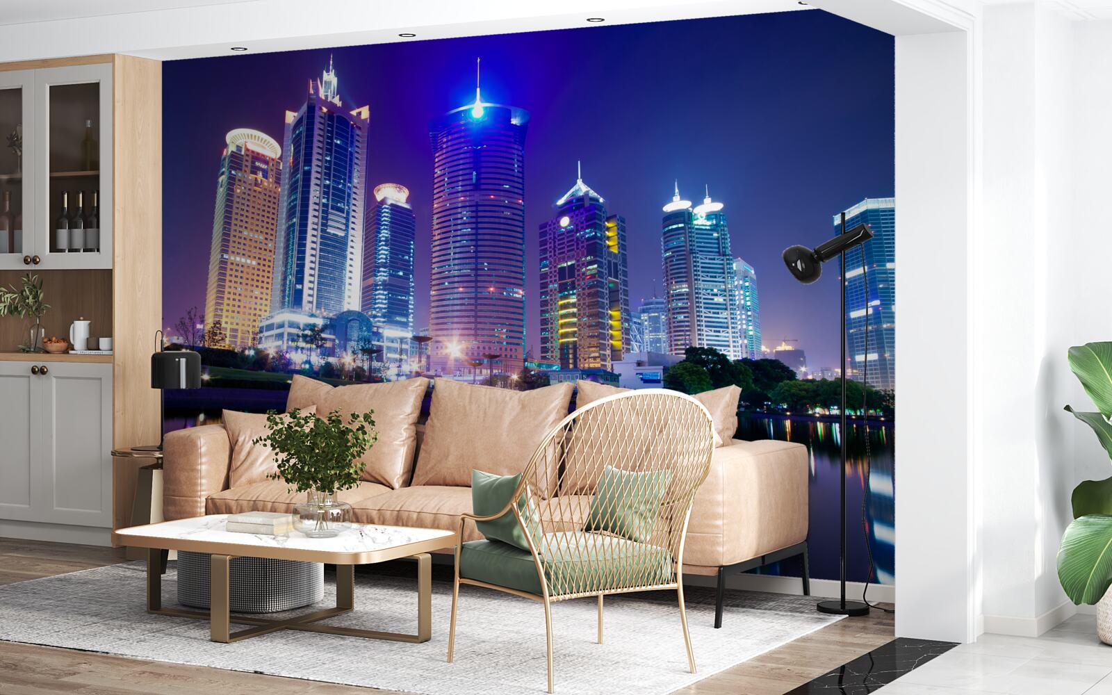 Фотошпалери відображення хмарочосів вночі