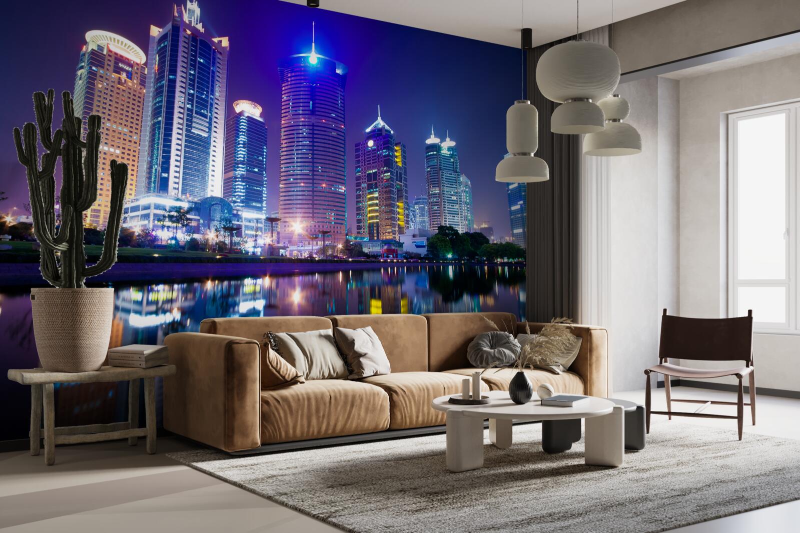 Фотошпалери відображення хмарочосів вночі