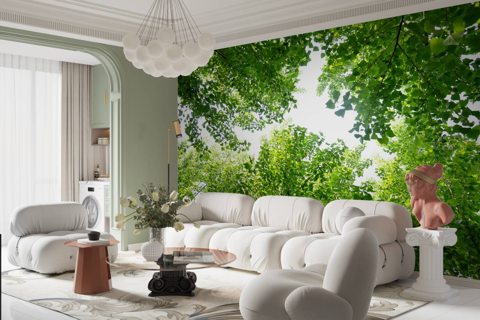 Фотошпалери біле небо, підкреслене зеленим листям