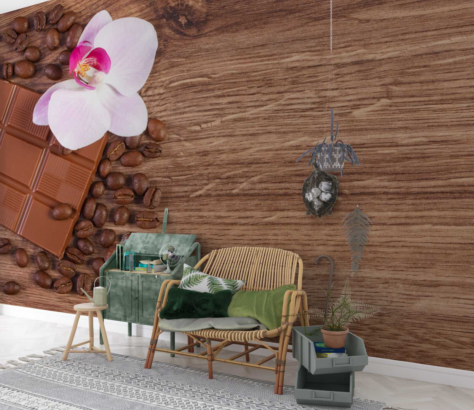 Фотошпалери білосніжна орхідея, занурена в каву та шоколад