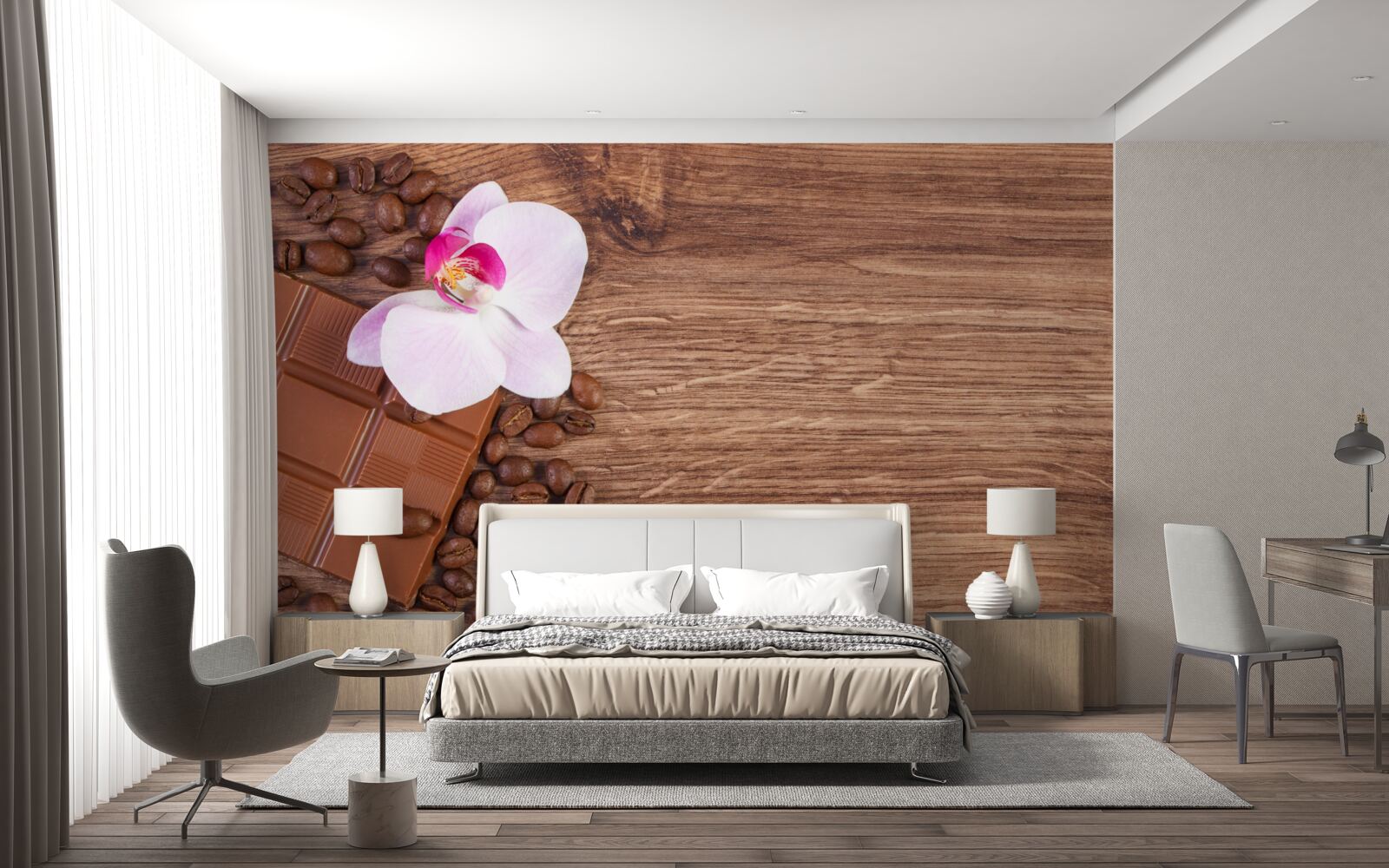 Фотошпалери білосніжна орхідея, занурена в каву та шоколад