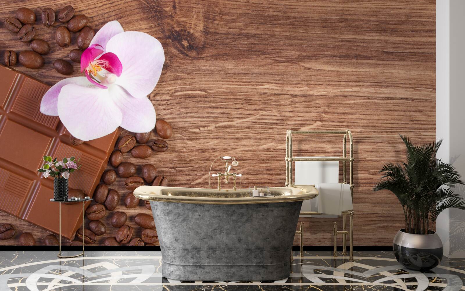 Фотошпалери білосніжна орхідея, занурена в каву та шоколад
