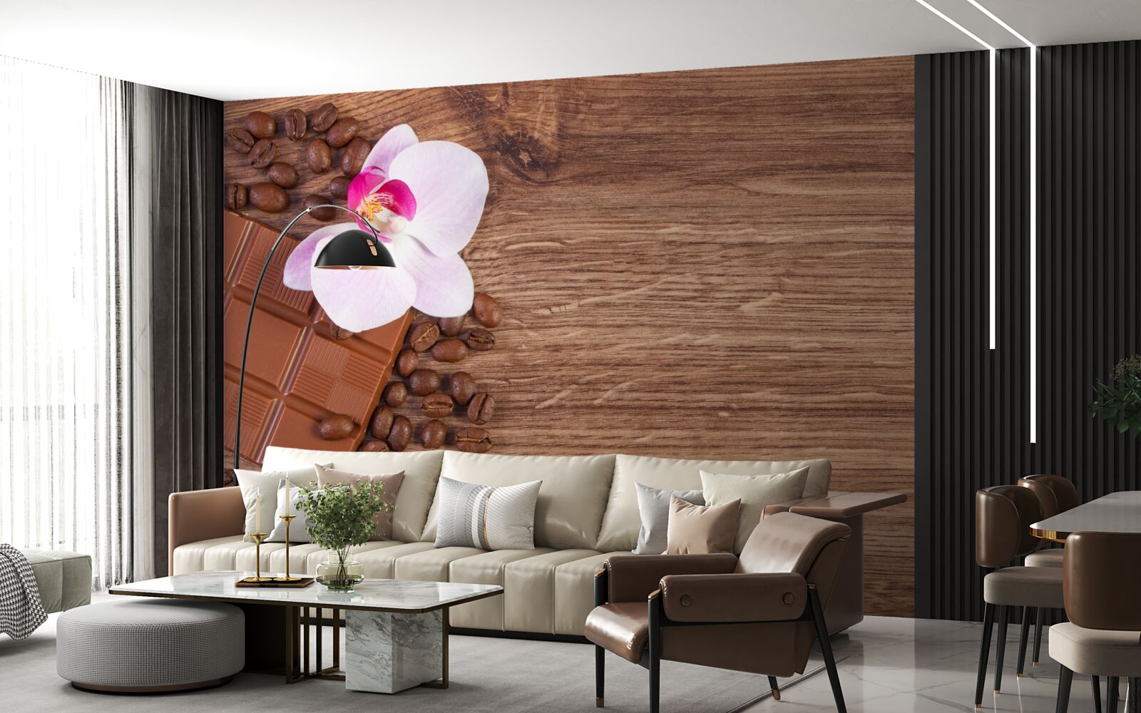 Фотошпалери білосніжна орхідея, занурена в каву та шоколад