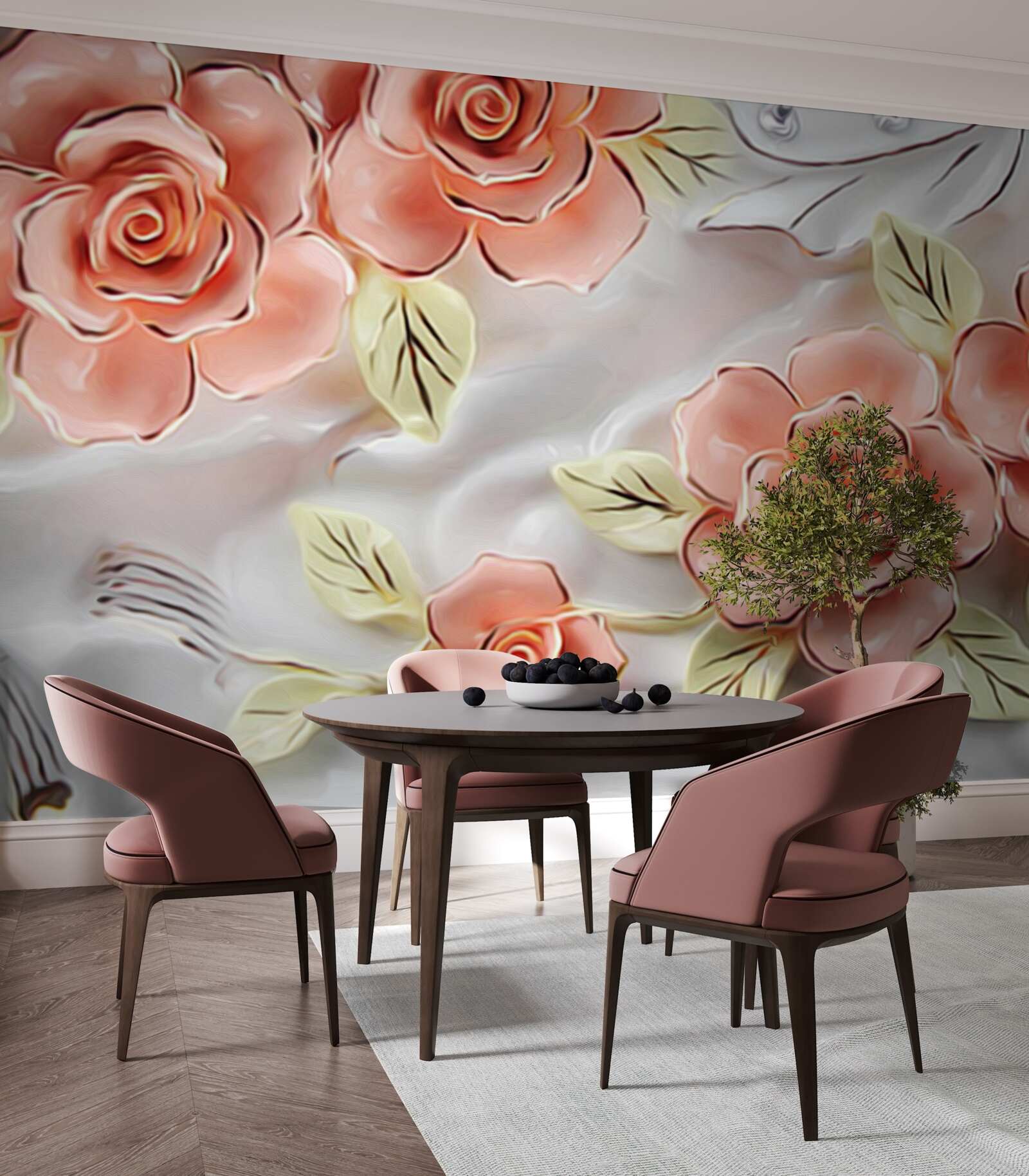 Фотошпалери рожеві троянди з зеленим листям