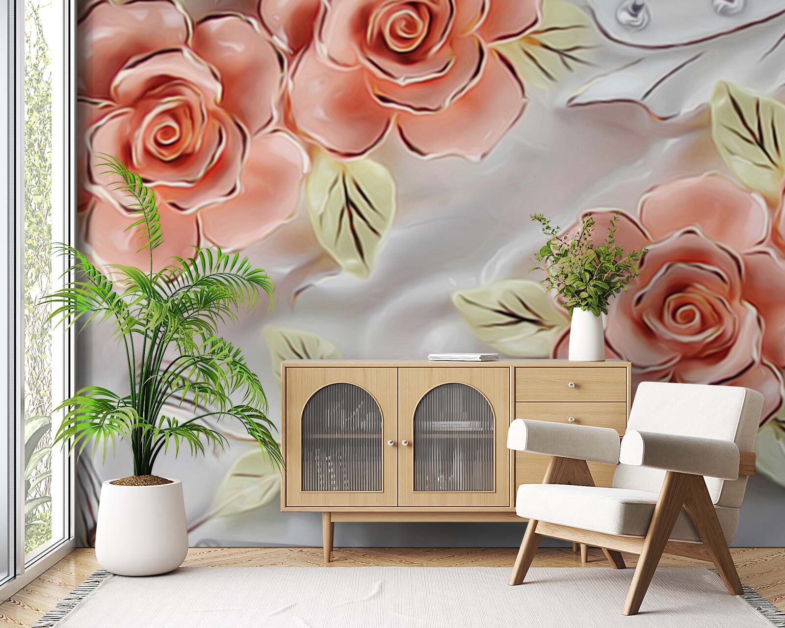 Фотошпалери рожеві троянди з зеленим листям