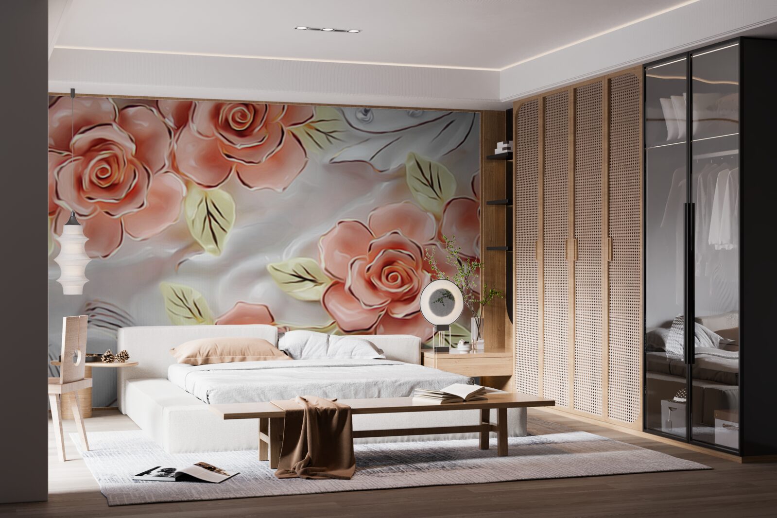 Фотошпалери рожеві троянди з зеленим листям