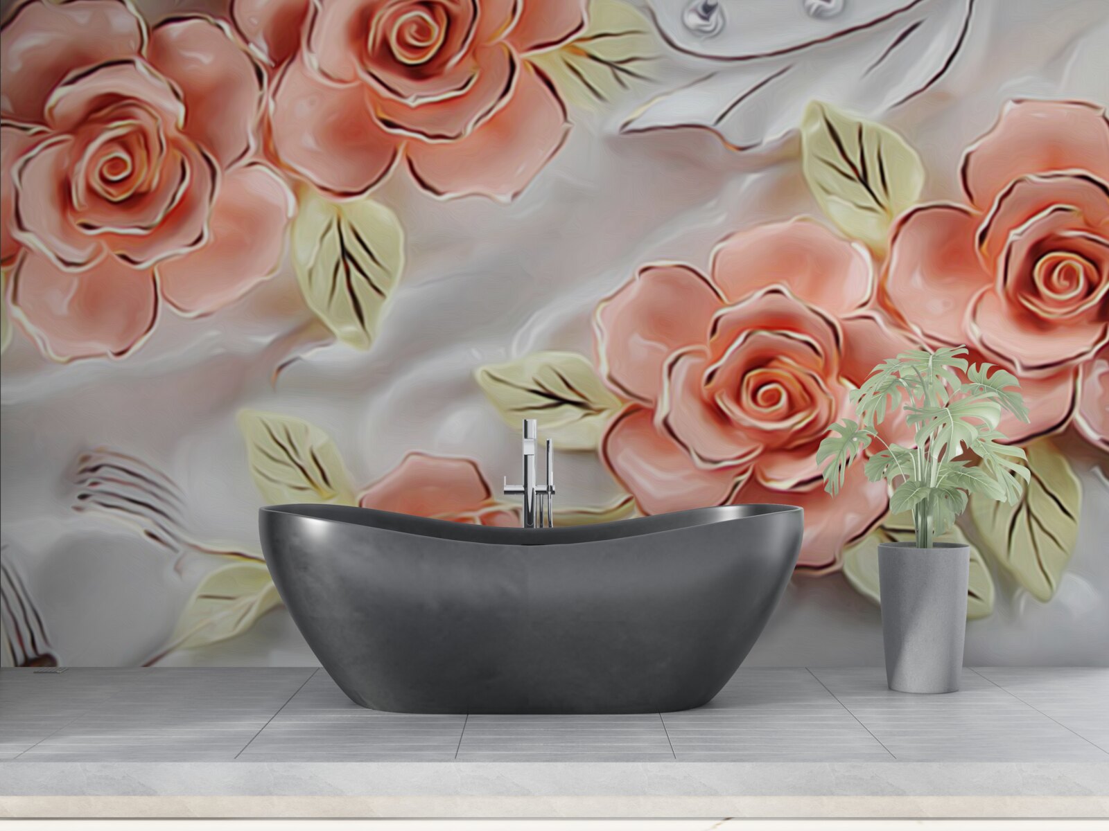 Фотошпалери рожеві троянди з зеленим листям