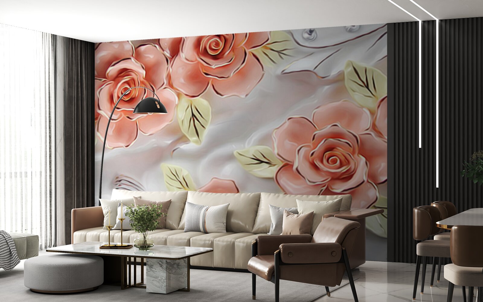 Фотошпалери рожеві троянди з зеленим листям