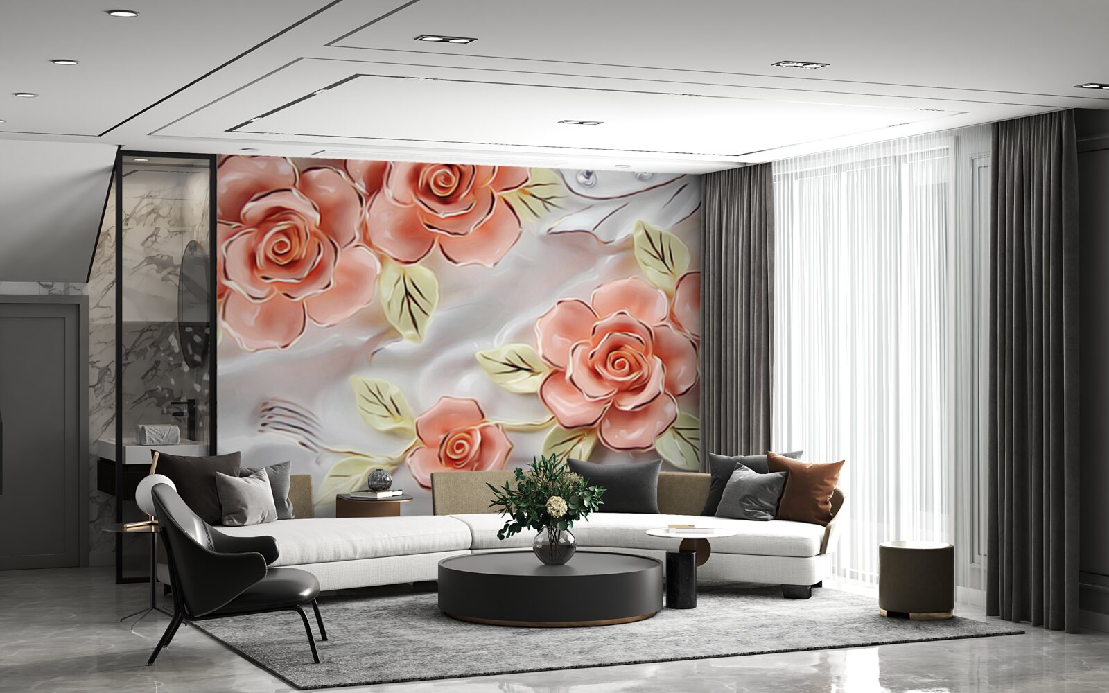 Фотошпалери рожеві троянди з зеленим листям