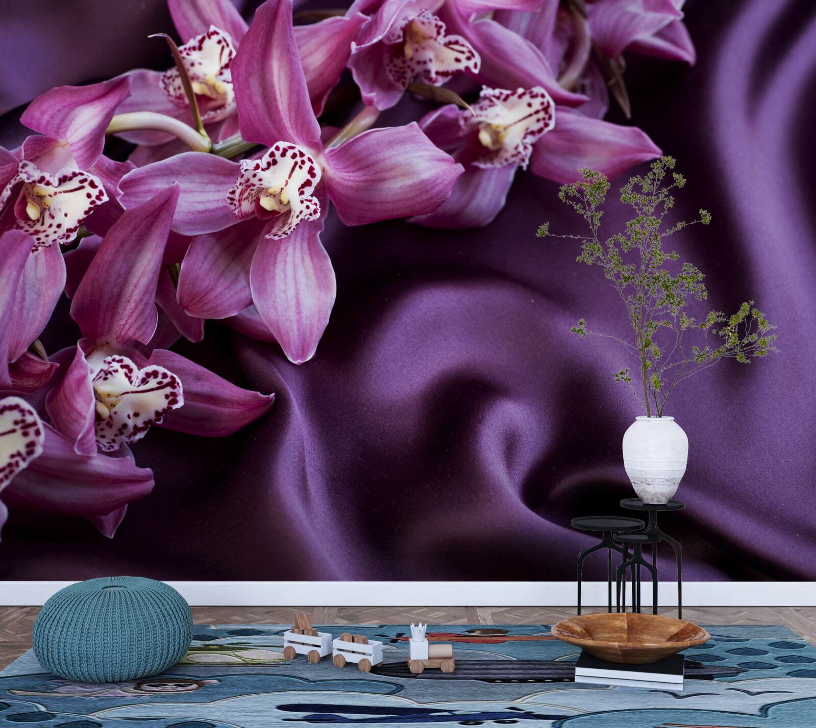 Фотошпалери фіолетові орхідеї на атласі того ж відтінку