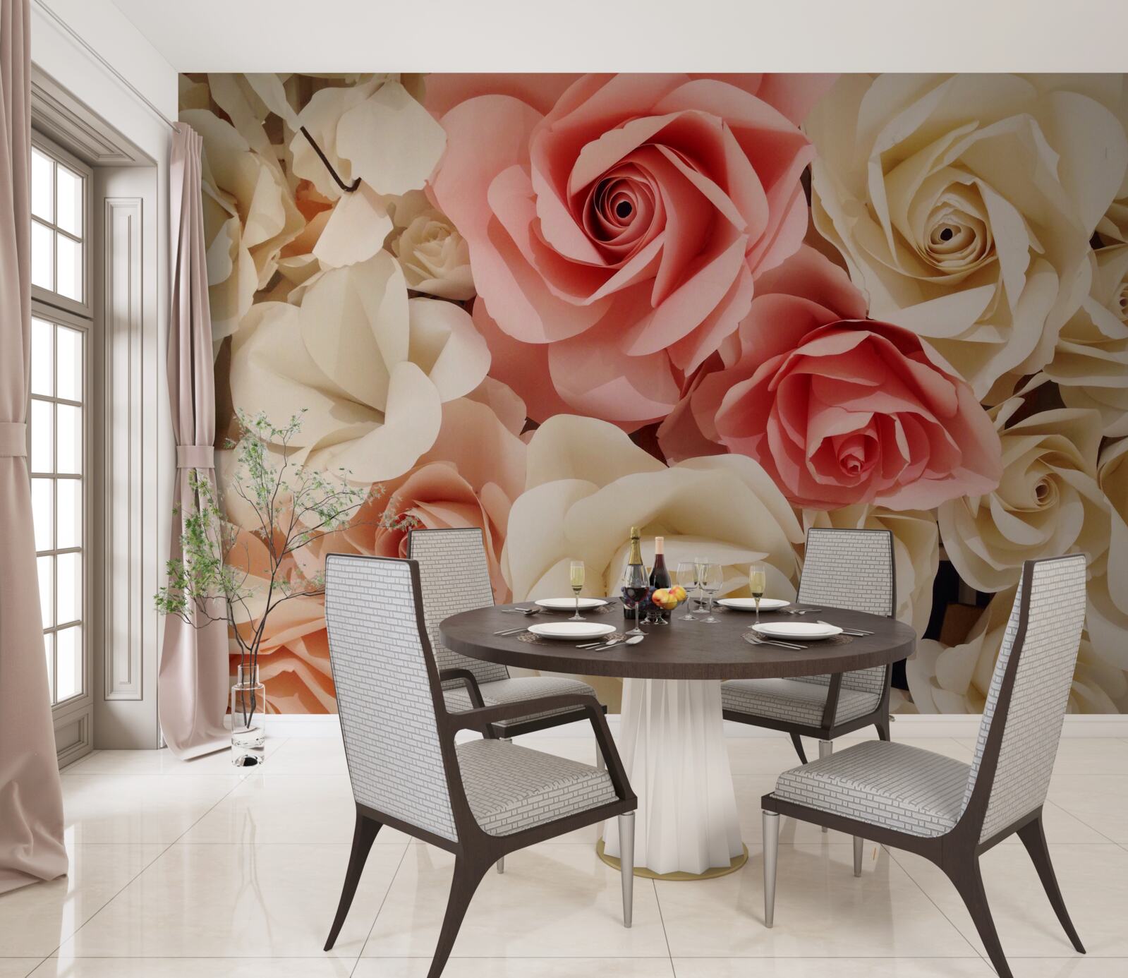 Фотошпалери красивий букет троянд у відтінках кремового та рожевого