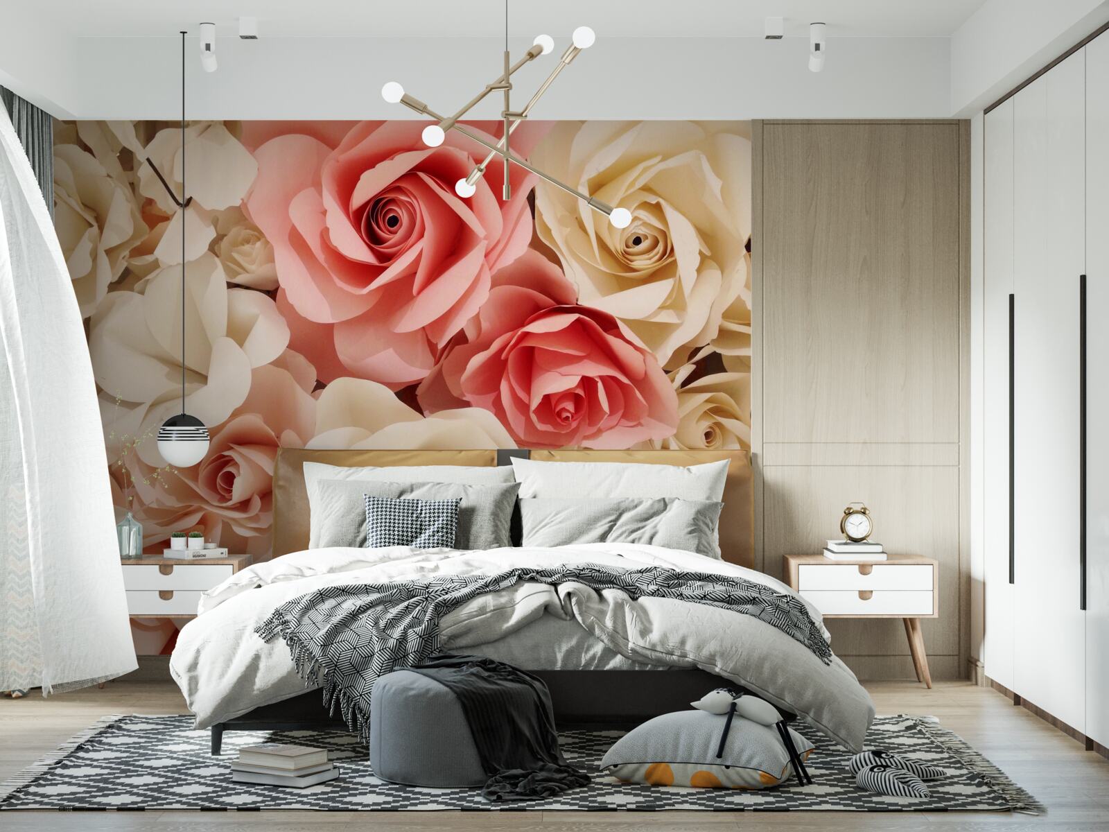 Фотошпалери красивий букет троянд у відтінках кремового та рожевого