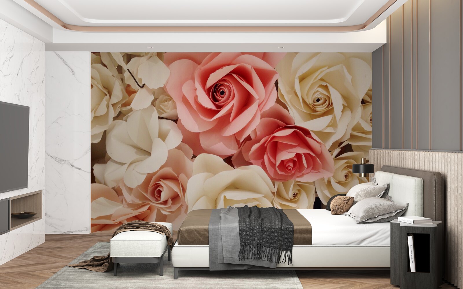 Фотошпалери красивий букет троянд у відтінках кремового та рожевого