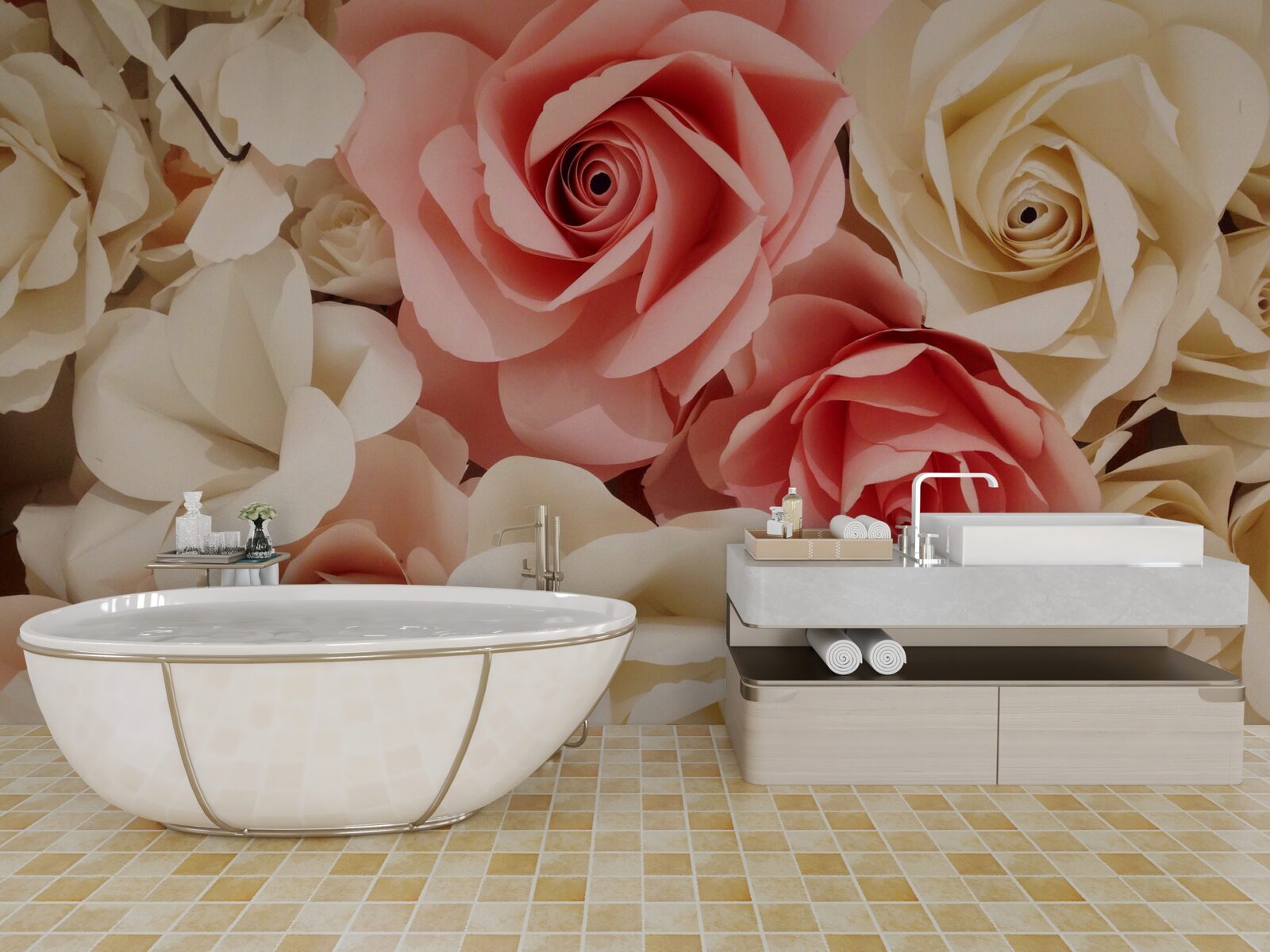 Фотошпалери красивий букет троянд у відтінках кремового та рожевого