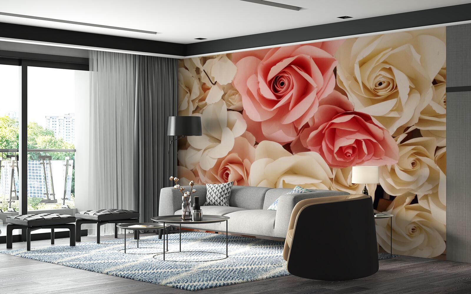 Фотошпалери красивий букет троянд у відтінках кремового та рожевого